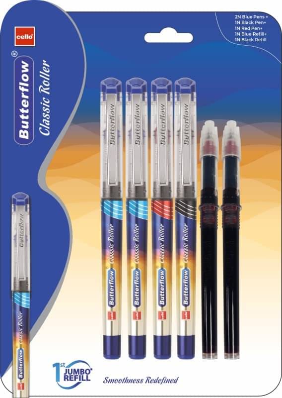     			Cello Butterflow Classic Roller Pen Blister Pack - 4 Blue & 4 Black Ink Pens With 4 Jumbo Refills