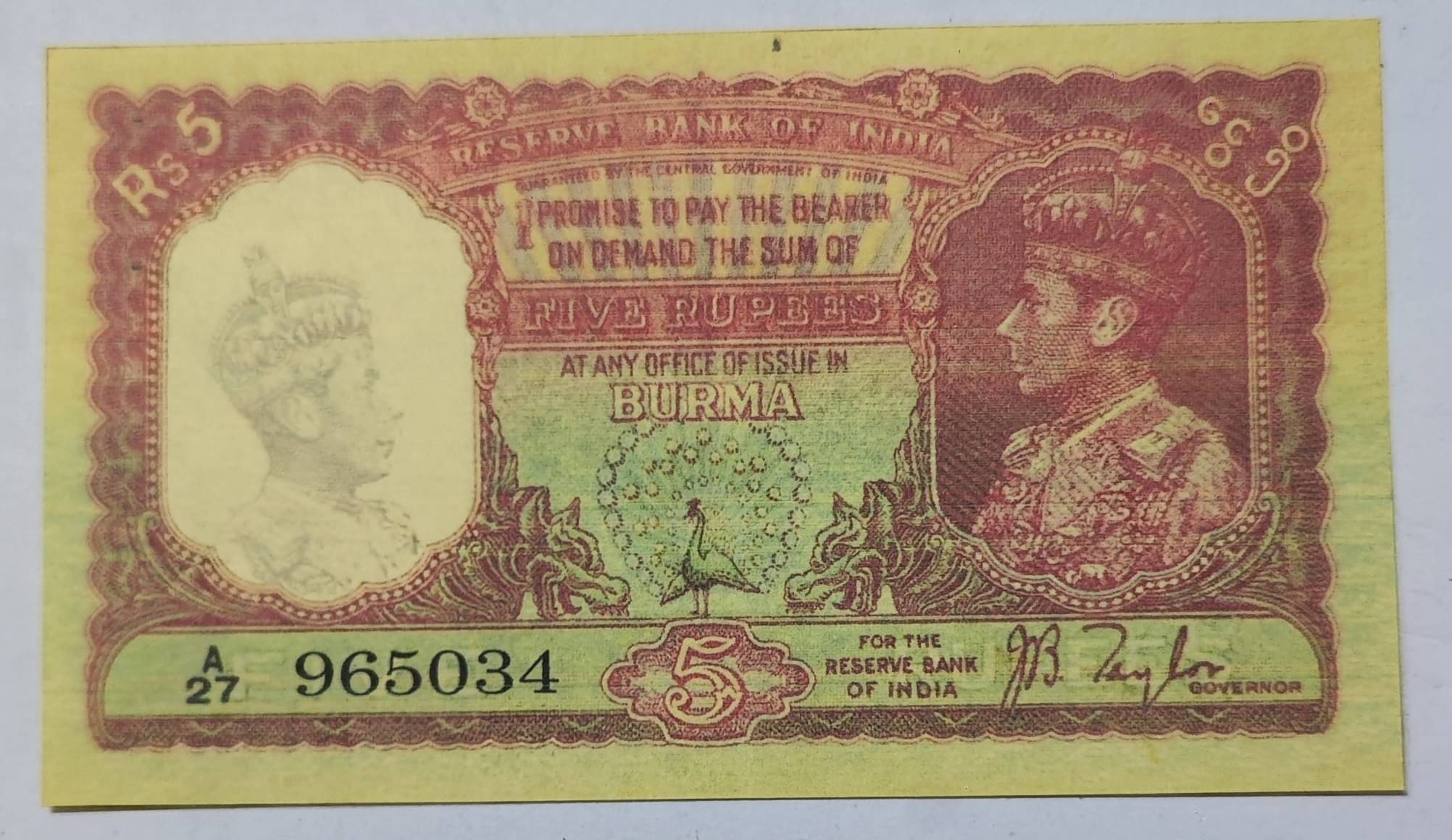 Extreme Rare 5 Rupee British India Burma Issue Note Signed By J B Taylor Extreme Rare 5 Rupee British India Burma Issue Note Signed By J B Taylor