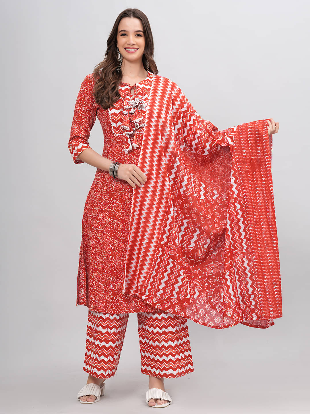 HIGHLIGHT FASHION EXPORT Cotton Printed Kurti With Palazzo Women's Stitched Salwar Suit - Red ( Pack of 1 ) HIGHLIGHT FASHION EXPORT Cotton Printed Kurti With Palazzo Women's Stitched Salwar Suit - Red ( Pack of 1 )
