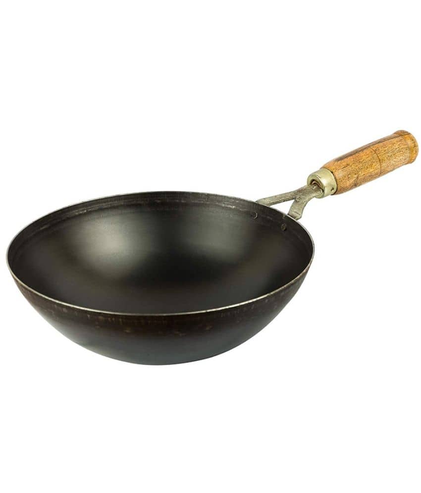 Ms Pure Iron/Loha Black Deep Kadai/Wok With Wooden Handle No-8 (Dia-8 Inches, Cap.-1 Litres) - Cookware | Buy online on ZillyBuy