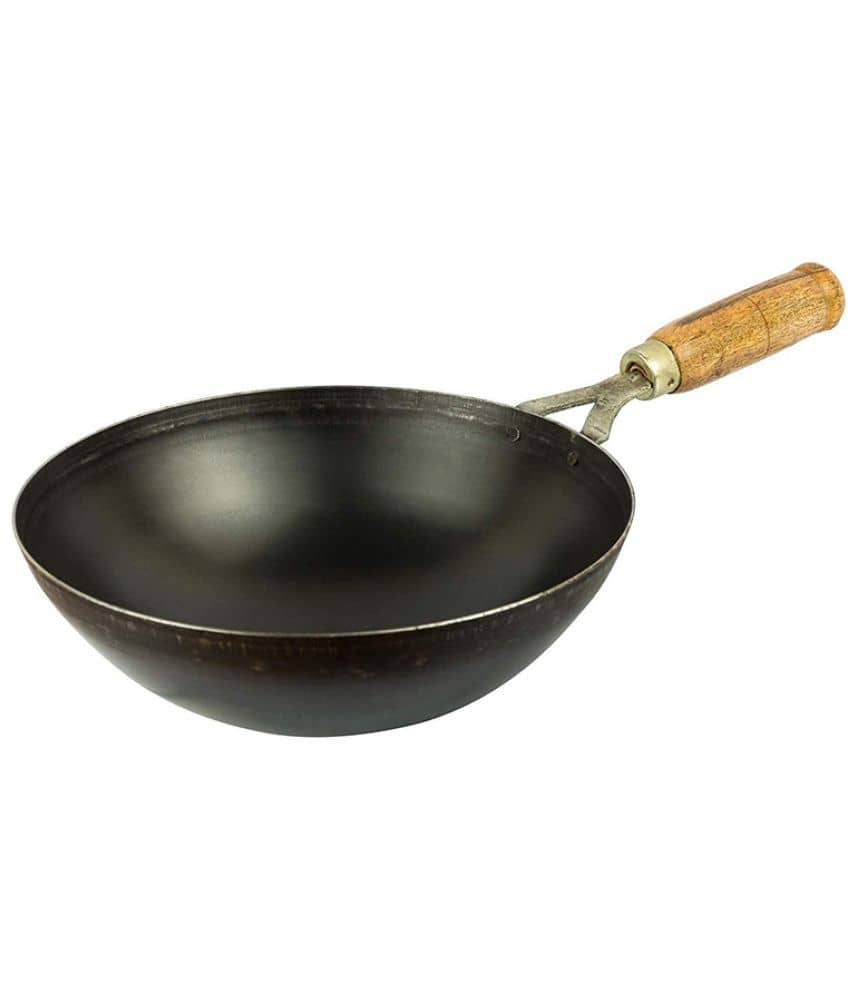Ms Pure Iron/Loha Black Deep Kadai/Wok With Wooden Handle No-10 (Dia-10 Inches, Cap.-2 Litres) - Cookware | Buy online on ZillyBuy