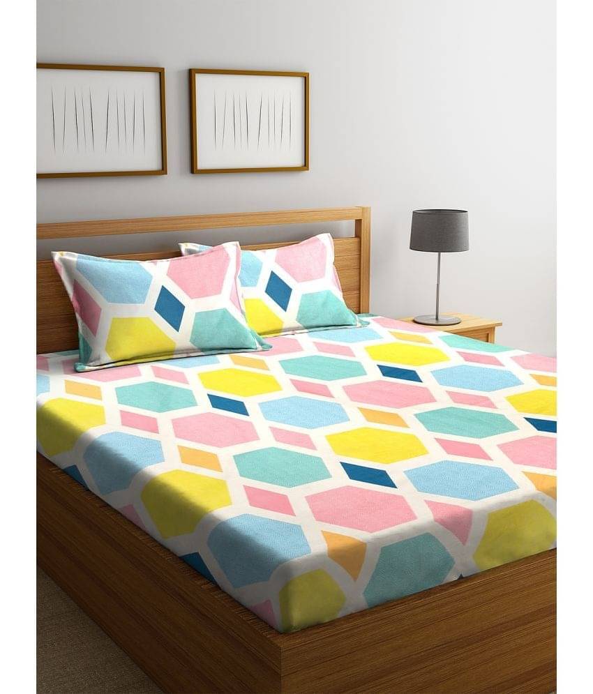    			Klotthe Poly Cotton Geometric 1 Double King Size Bedsheet with 2 Pillow Covers - White