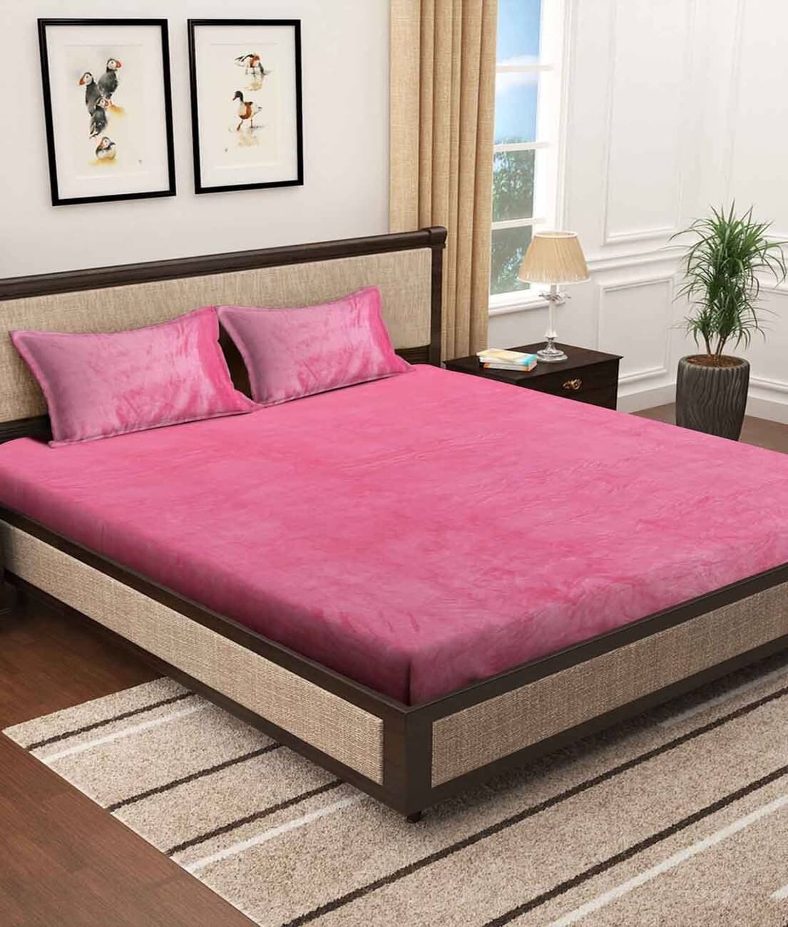 Klotthe Woollen Solid 1 Double King Size Bedsheet with 2 Pillow Covers - Pink Klotthe Woollen Solid 1 Double King Size Bedsheet with 2 Pillow Covers - Pink