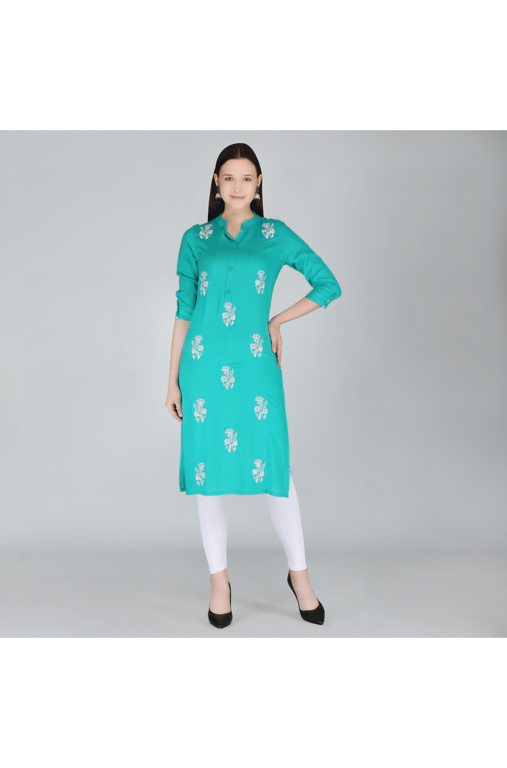     			MAUKA Rayon Printed Straight Women's Kurti - Turquoise ( Pack of 1 )