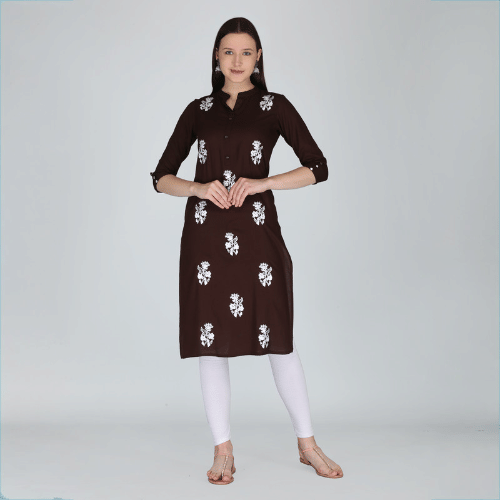 MAUKA Rayon Printed Straight Women's Kurti - Brown ( Pack of 1 ) MAUKA Rayon Printed Straight Women's Kurti - Brown ( Pack of 1 )