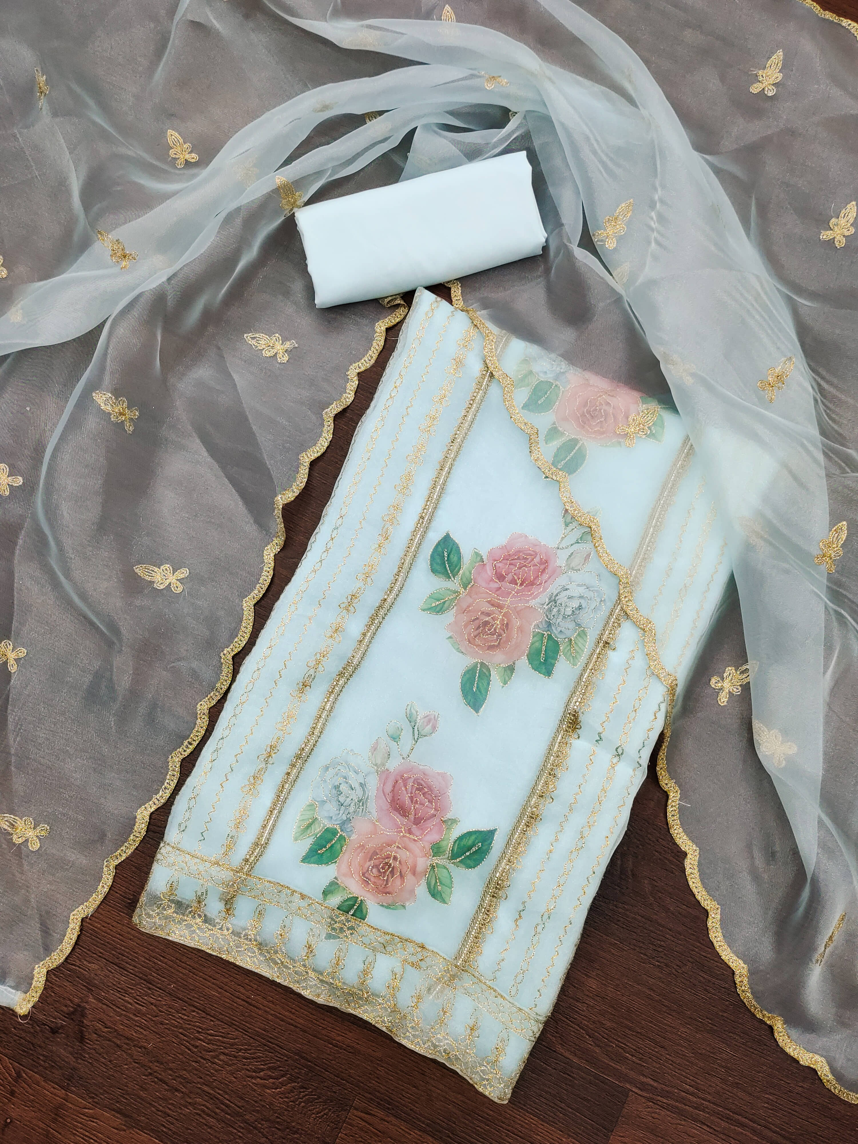 MEHZEEL FAB Unstitched Organza Embroidered Dress Material - Light Blue ( Pack of 1 ) - Unstitched Fabrics | Buy online on ZillyBuy
