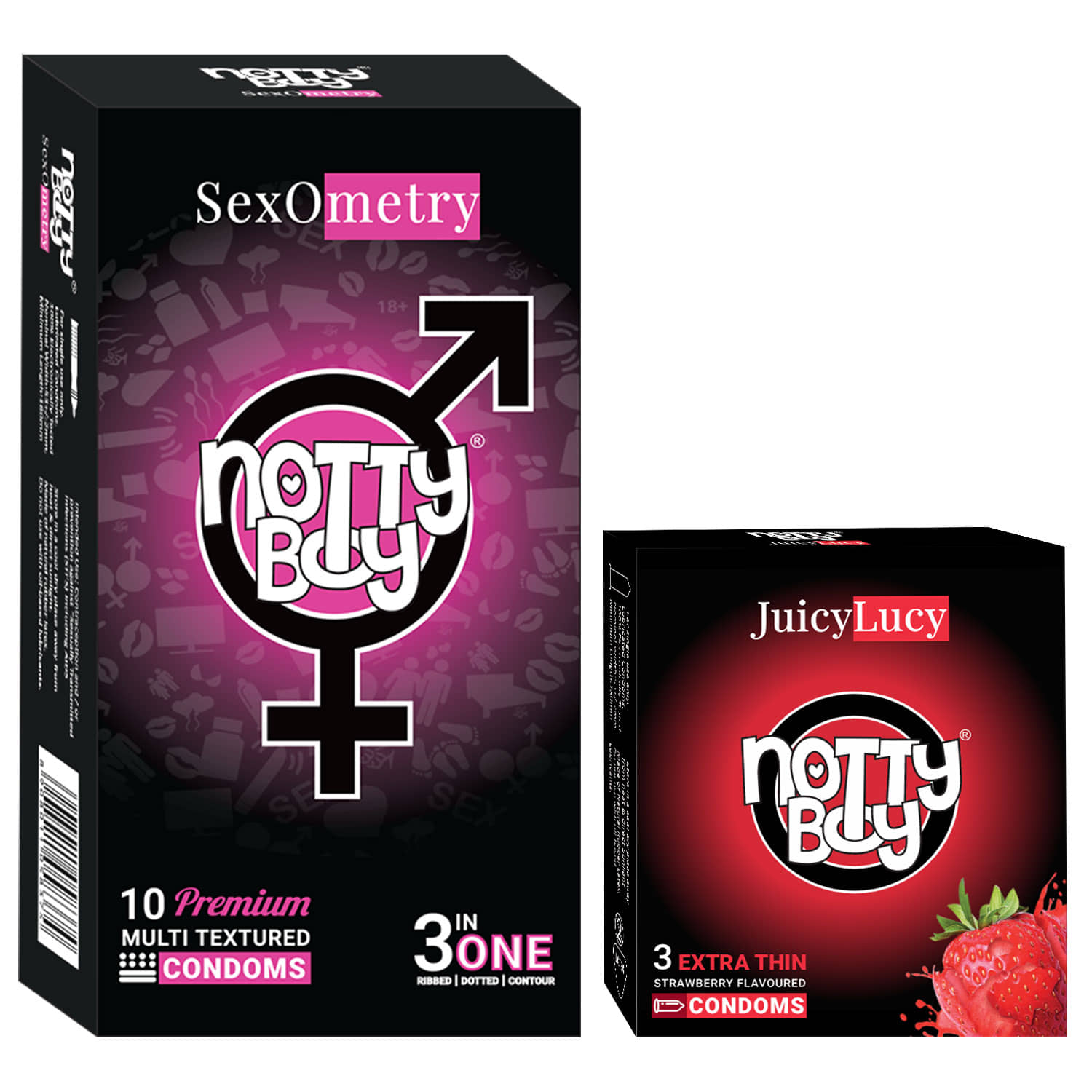 NottyBoy 3-In-One Ribbed Dotted Contoured and Strawberry Flavoured Condoms - Set of 2, 13 Pieces