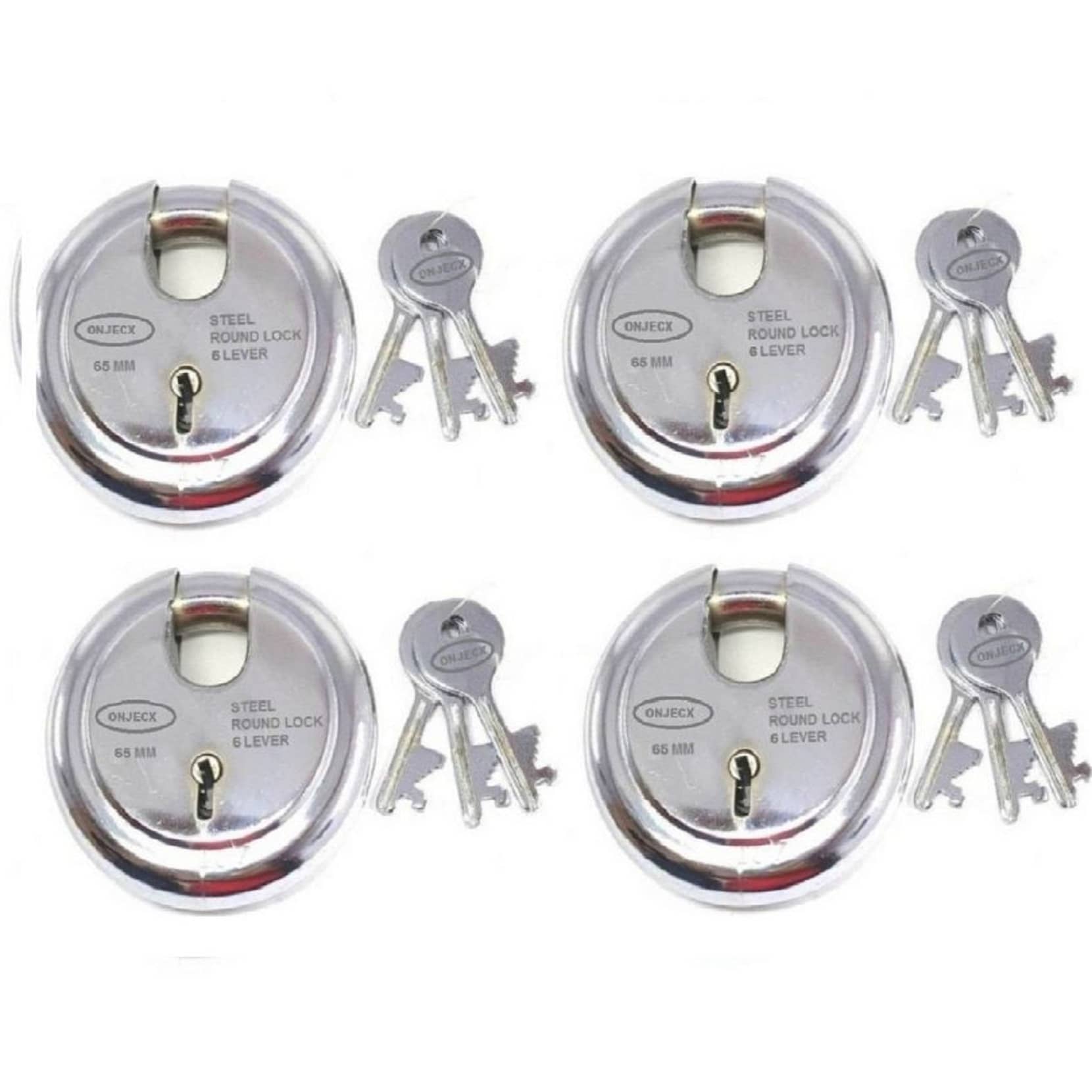 ONJECX Steel High Quality Primium Range Lock 6 Levers 65 mm Heavy Duty Padlock , Sutter Lock, Round Lock Long Life Durable with 3 Keys for Main Gate, Office Door, Shop Shutter, Pack of 4 pcs (RPL65A4)