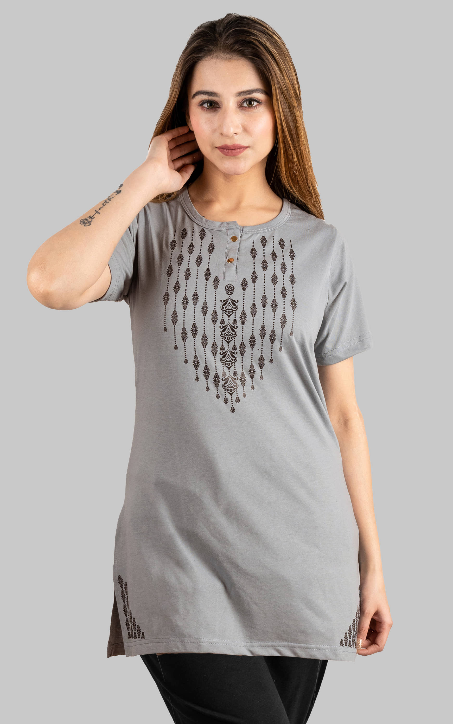 URBE Women Cotton Blend Printed Regular Fit Henley Neck T-Shirt ( Grey )