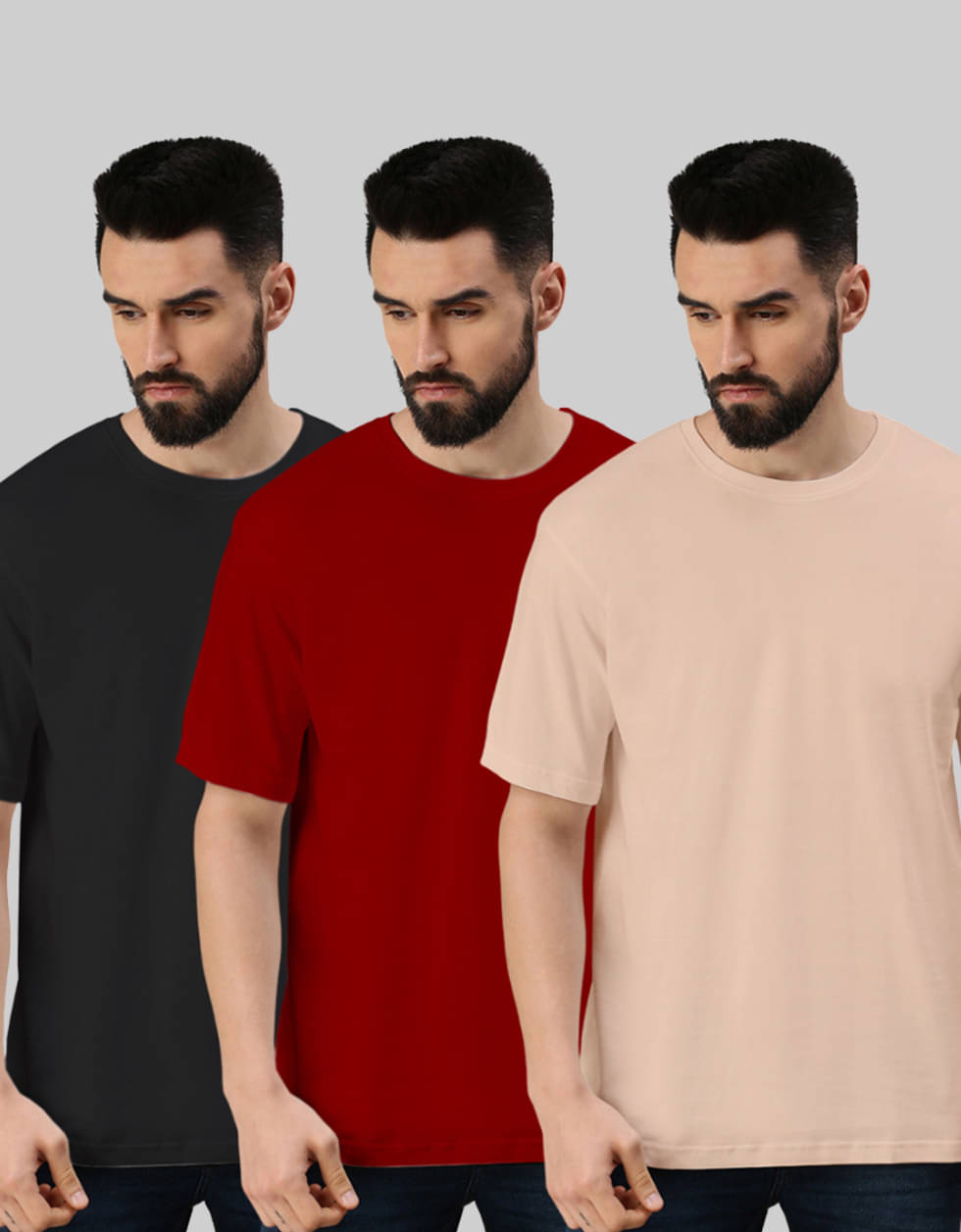     			Veirdo Pack of 3 100% Cotton Oversized Fit Men's T-Shirt ( Beige )