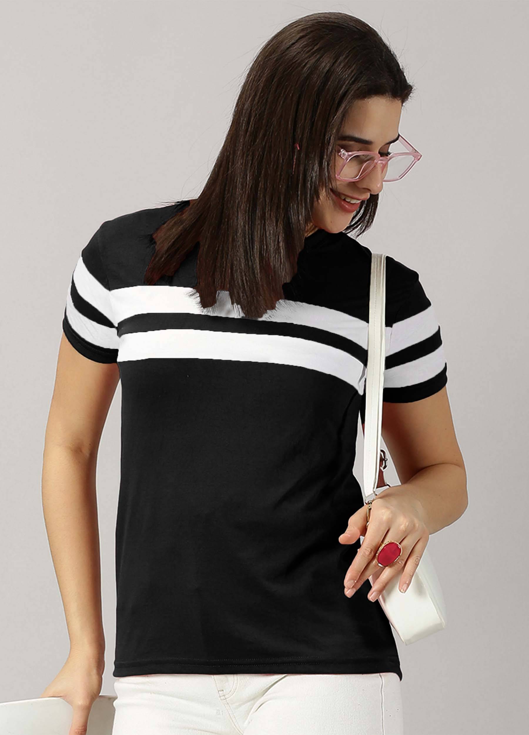 AUSK Women Cotton Blend Colorblock Regular Fit Round Neck T-Shirt ( Black ) AUSK Women Cotton Blend Colorblock Regular Fit Round Neck T-Shirt ( Black )