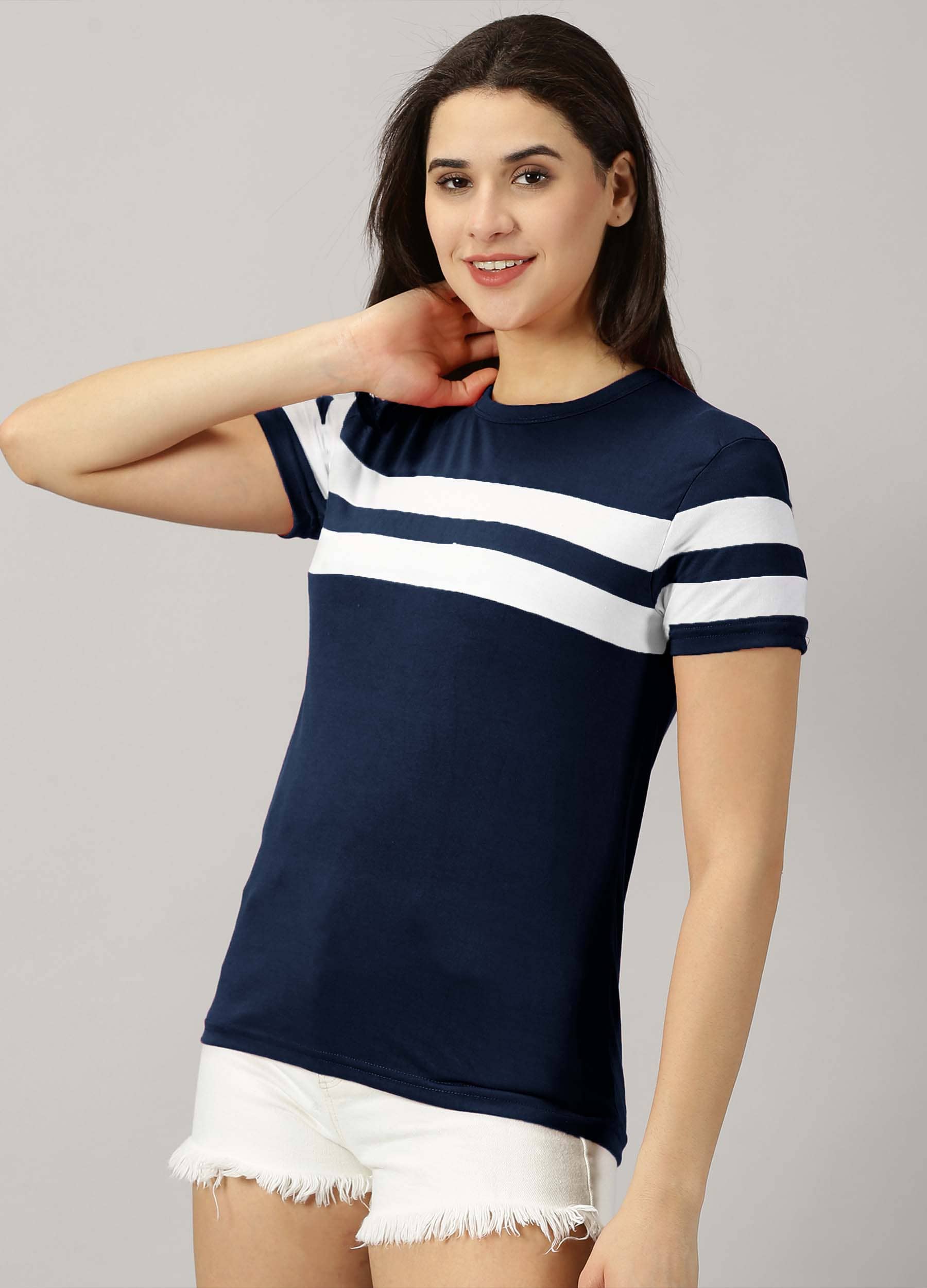 AUSK Women Cotton Blend Colorblock Regular Fit Round Neck T-Shirt ( Grey )