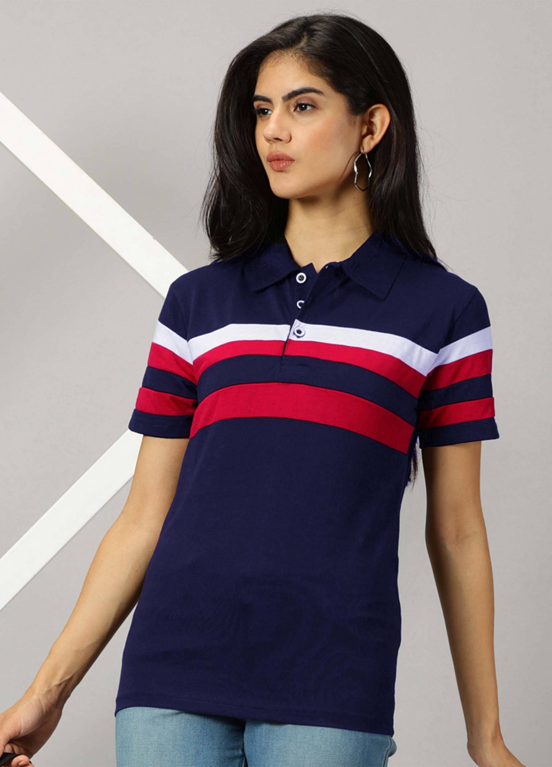     			AUSK Women Cotton Blend Striped Regular Fit Polo Collar T-Shirt ( Blue )