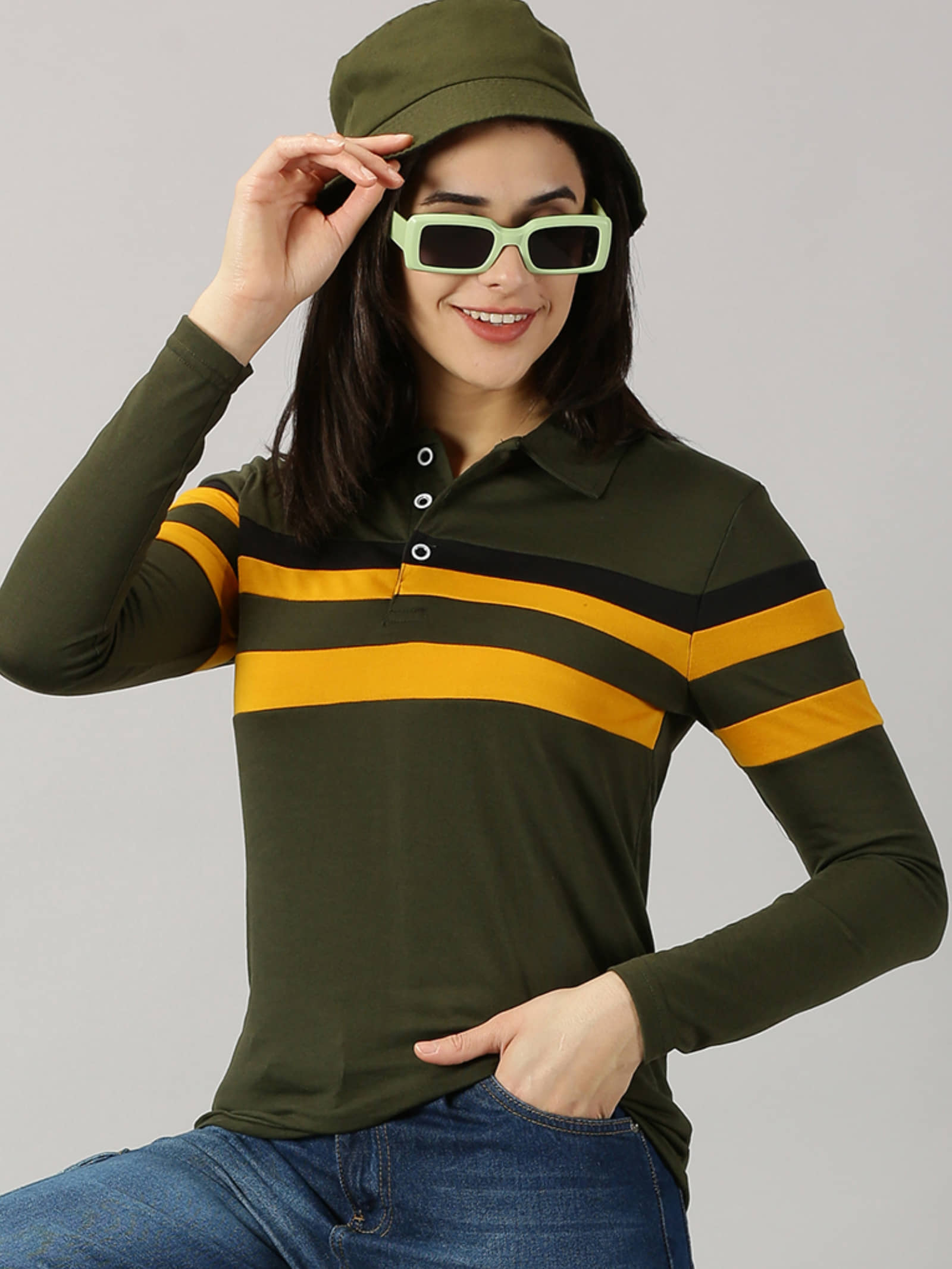AUSK Women Cotton Blend Colorblock Regular Fit Polo Collar T-Shirt ( Green )