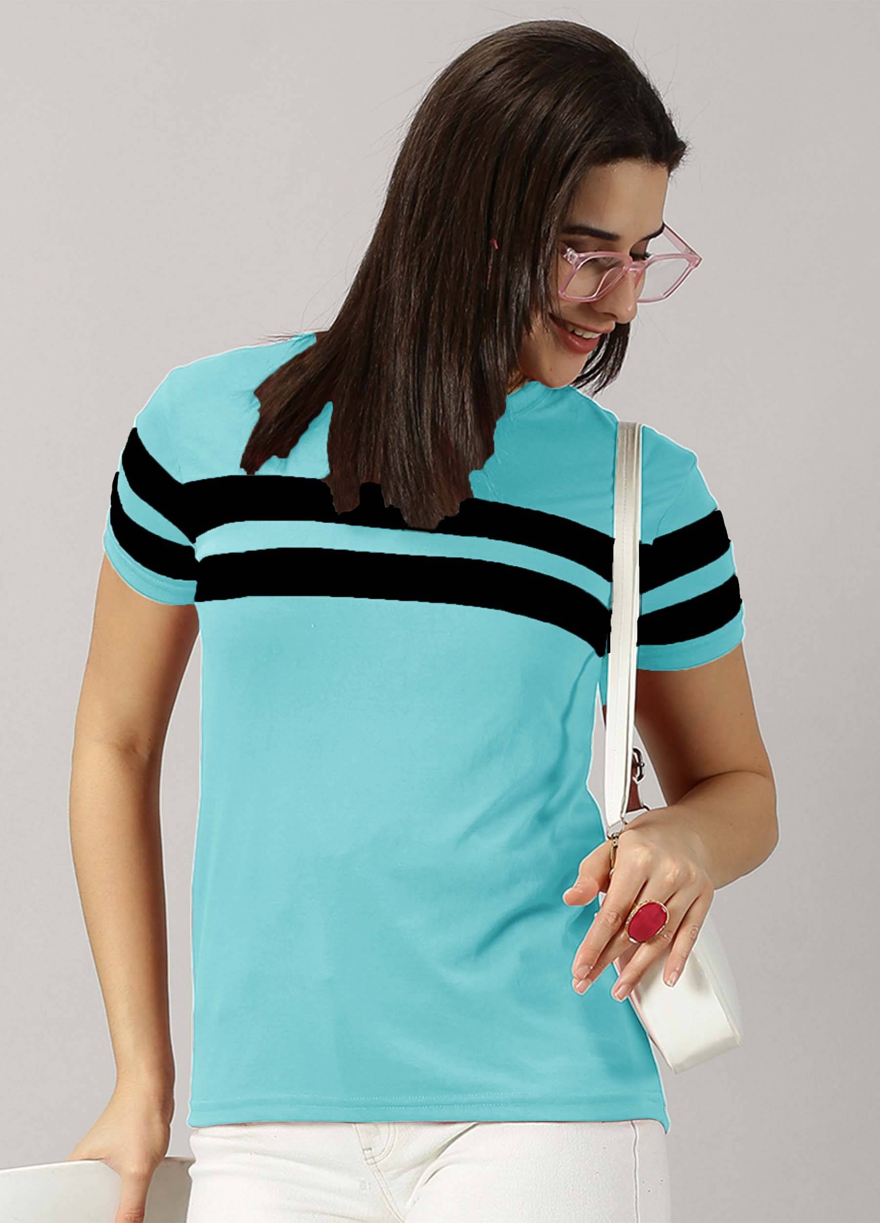    			AUSK Women Cotton Blend Colorblock Regular Fit Round Neck T-Shirt ( Light Blue )