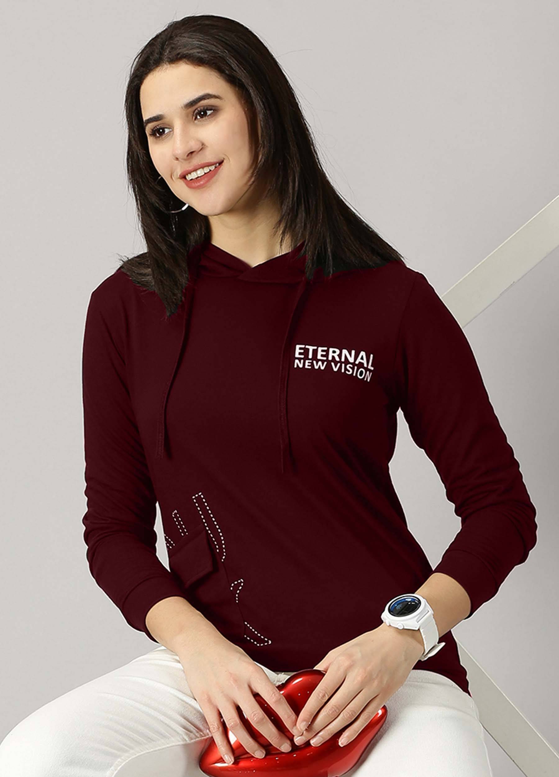 AUSK Women Cotton Blend Printed Regular Fit Hooded T-Shirt ( Maroon )     			AUSK Women Cotton Blend Printed Regular Fit Hooded T-Shirt ( Maroon )