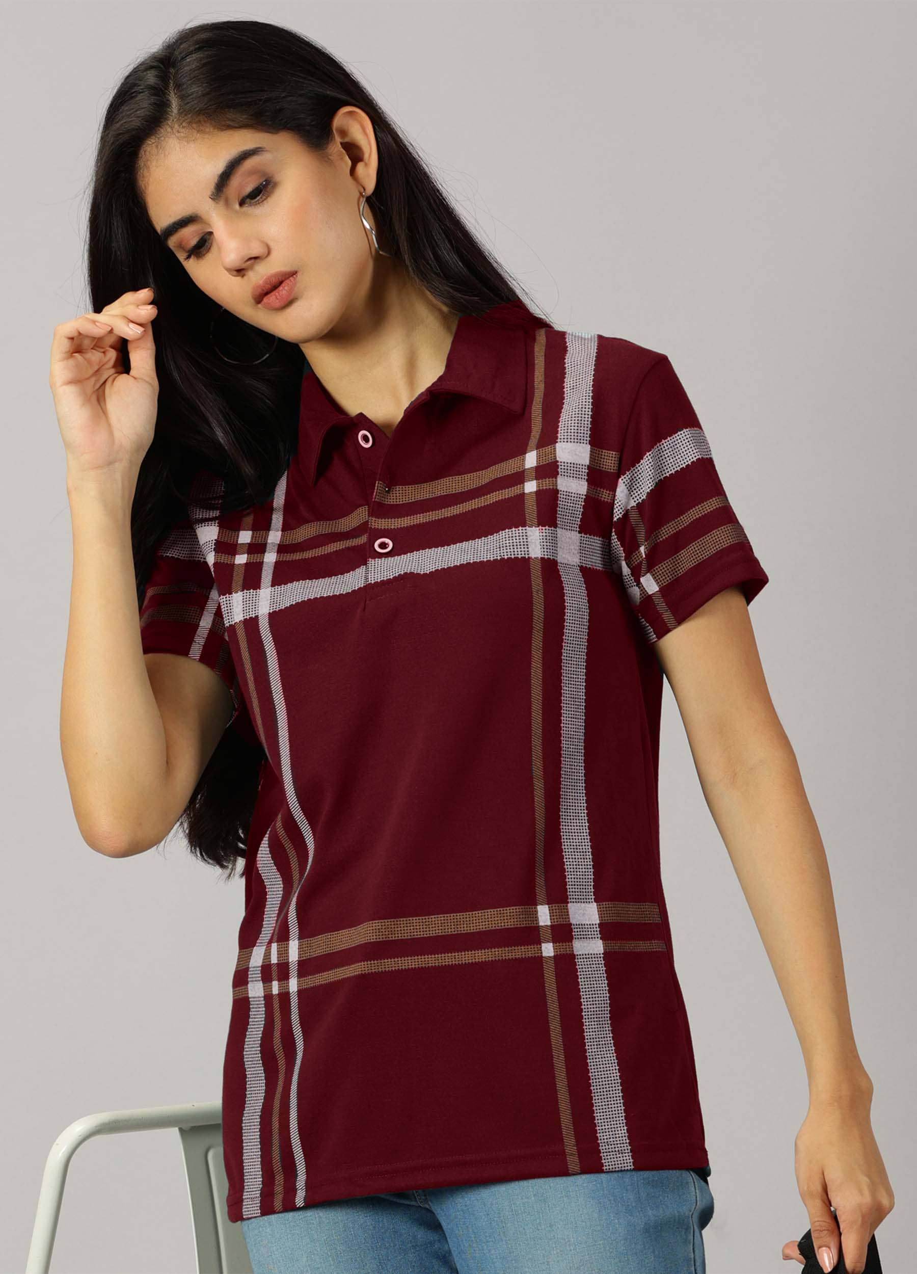 AUSK Women Cotton Blend Printed Regular Fit Polo Collar T-Shirt ( Maroon )
