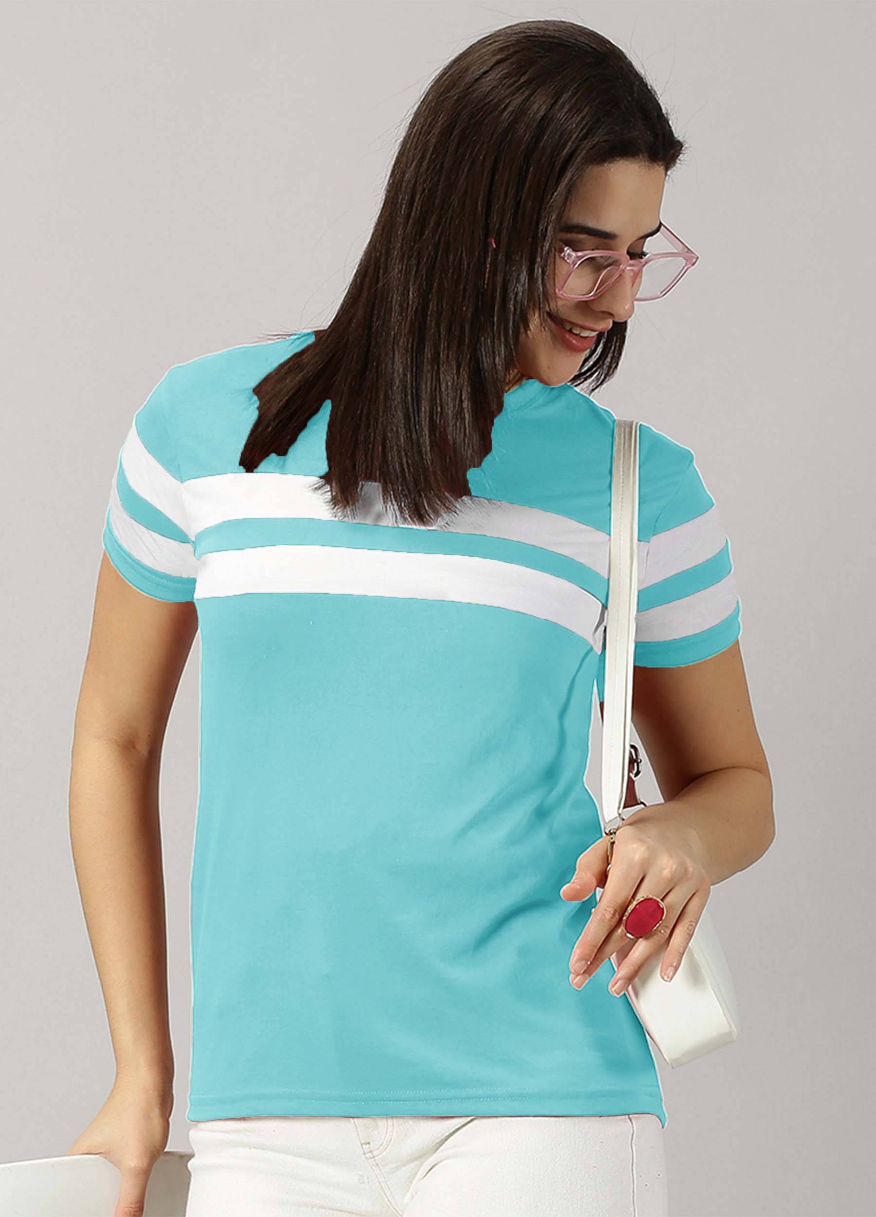 AUSK Women Cotton Blend Colorblock Regular Fit Round Neck T-Shirt ( Turquoise ) AUSK Women Cotton Blend Colorblock Regular Fit Round Neck T-Shirt ( Turquoise )