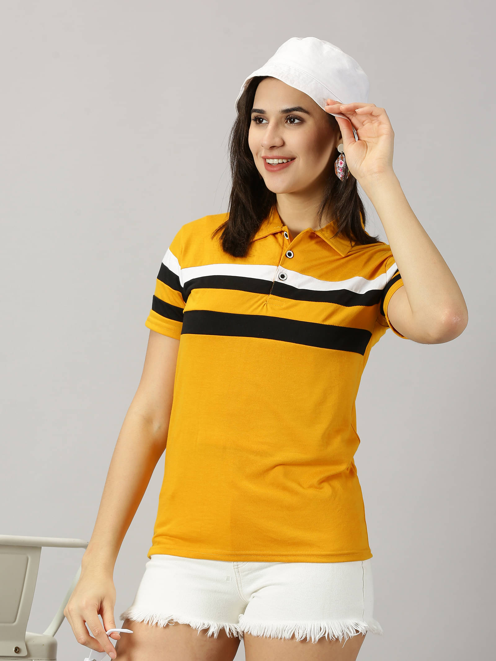 AUSK Women Cotton Blend Striped Regular Fit Polo Collar T-Shirt ( Yellow ) AUSK Women Cotton Blend Striped Regular Fit Polo Collar T-Shirt ( Yellow )
