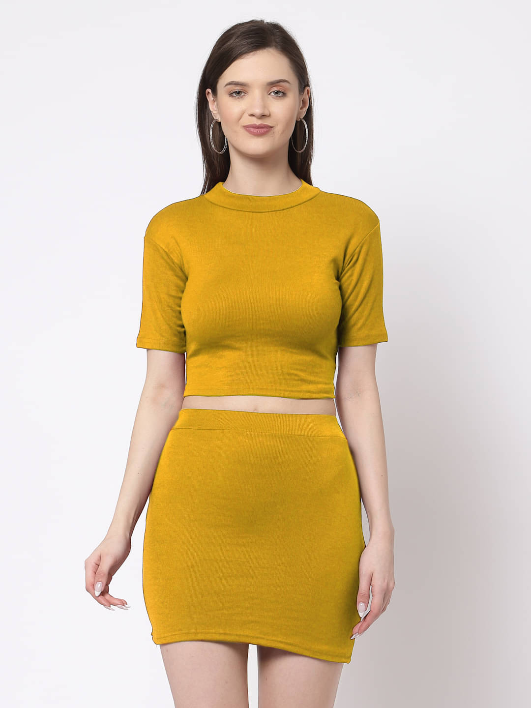     			Klotthe Women Solid Top With Skirt Co-Ord Set ( Mustard )