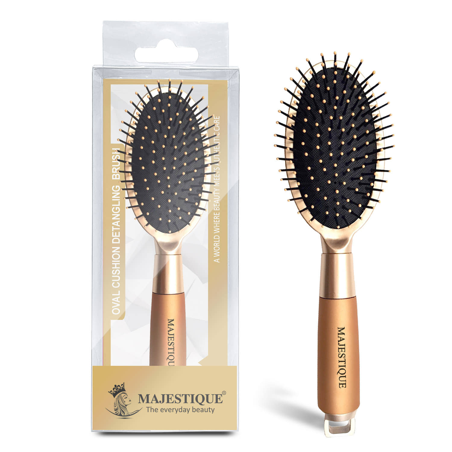 Majestique Golden Oval Cushion Detangling Brush Friendly Detangling Brush Ultra-Soft Tipped Nylon