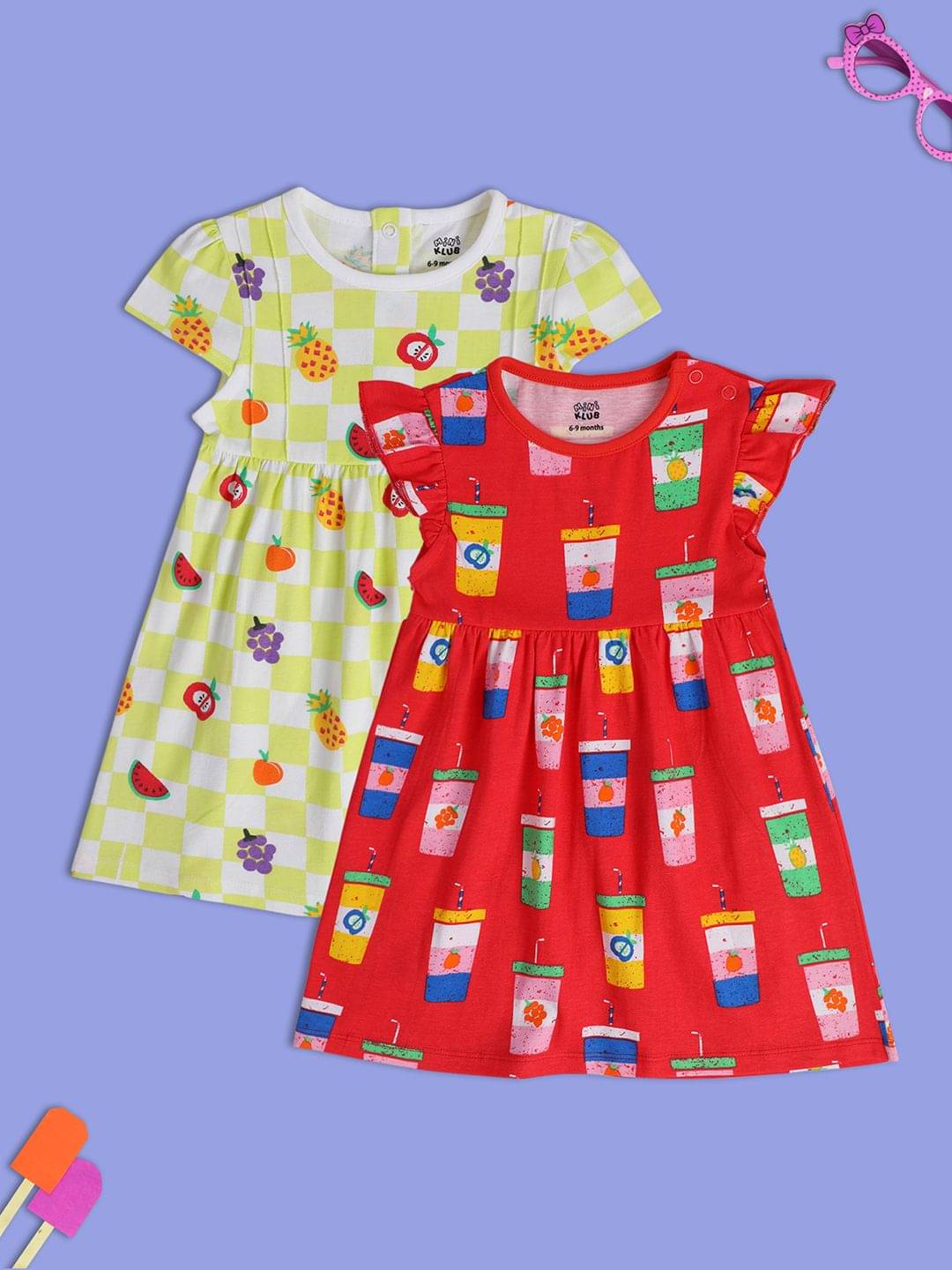     			MINI KLUB Pack of 2 Baby Girls Cotton Dress ( Red & Yellow )