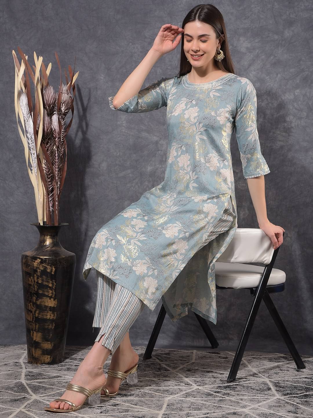     			Mamoose Cotton Blend Self Design Kurti With Pants Women's Stitched Salwar Suit - Blue ( Pack of 1 )