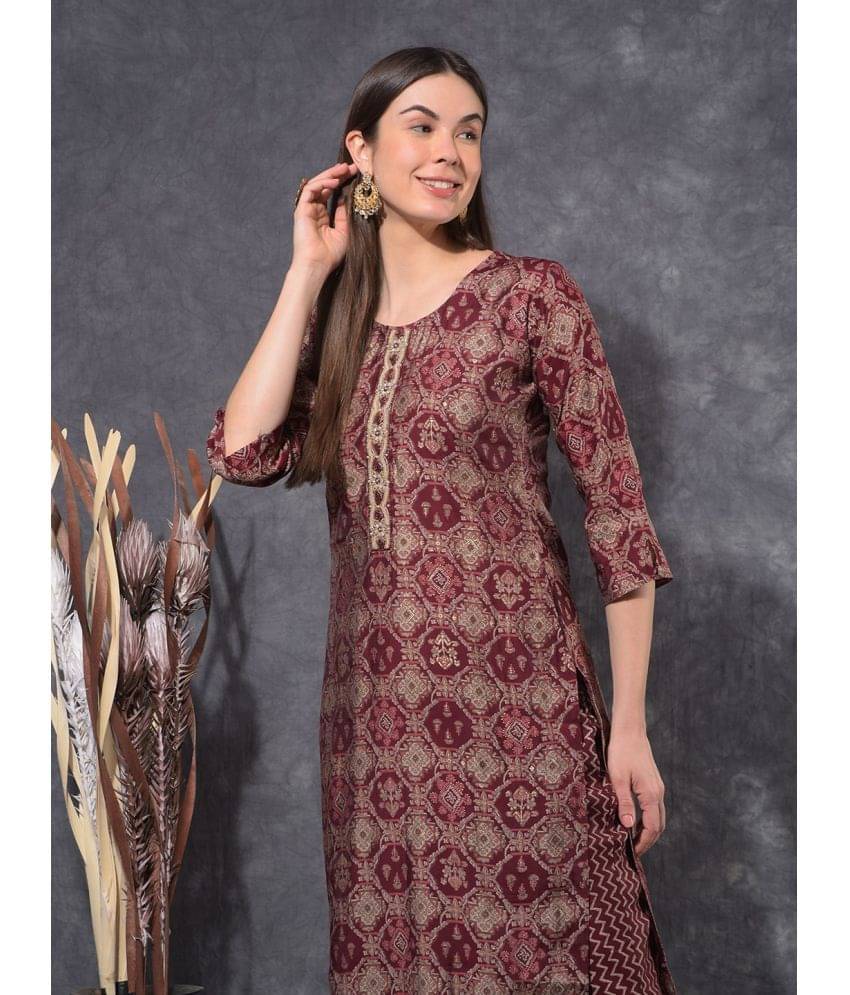 Mamoose Cotton Blend Self Design Kurti With Pants Women's Stitched Salwar Suit - Maroon ( Pack of 1 ) Mamoose Cotton Blend Self Design Kurti With Pants Women's Stitched Salwar Suit - Maroon ( Pack of 1 )