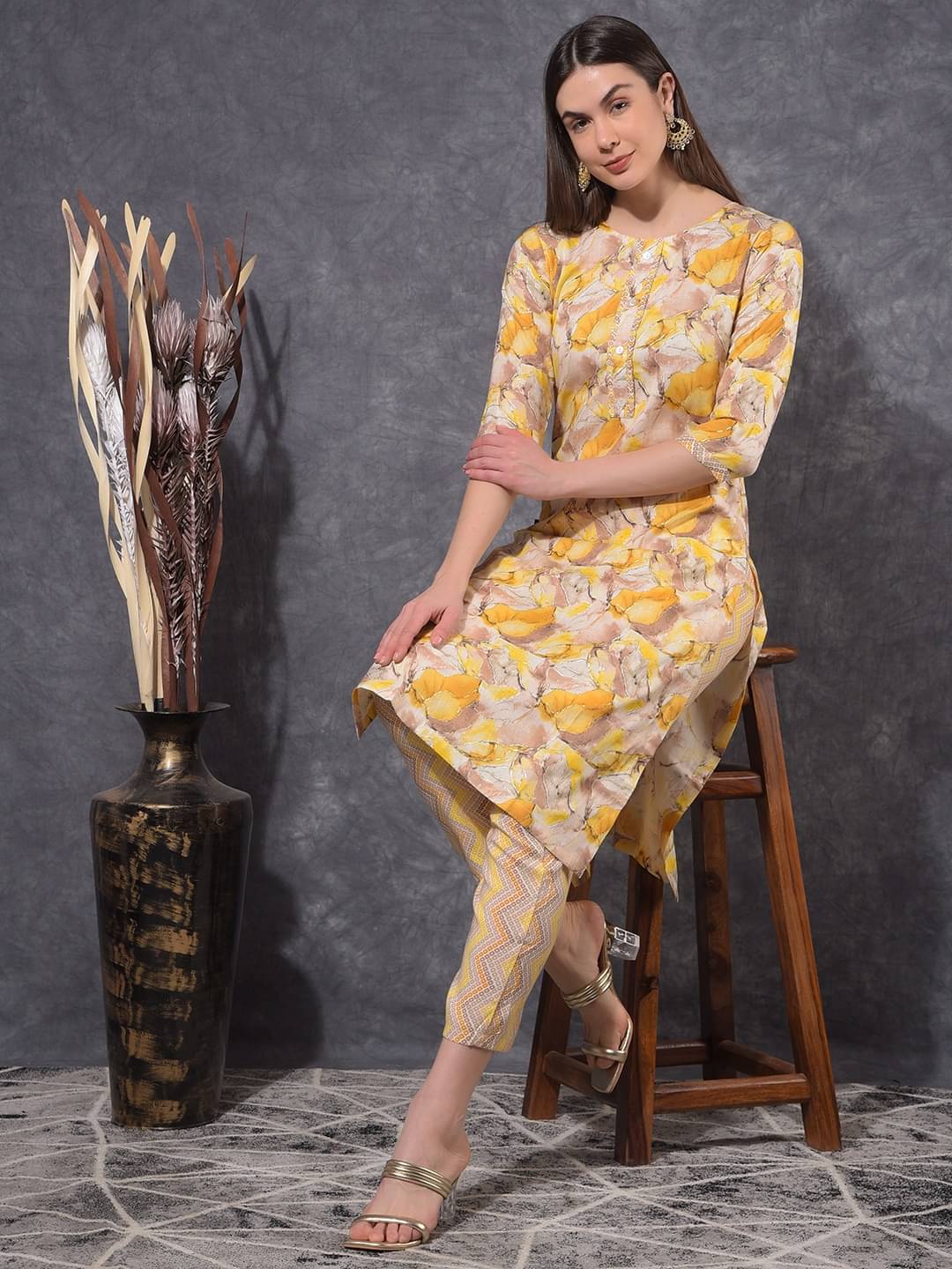    			Mamoose Cotton Blend Self Design Kurti With Pants Women's Stitched Salwar Suit - Yellow ( Pack of 1 )