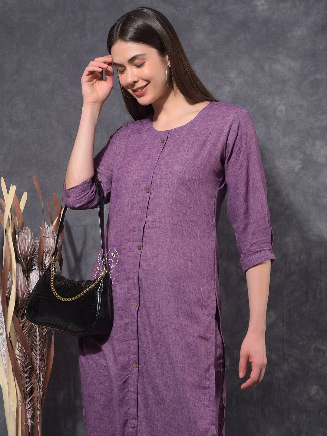     			Mamoose Cotton Blend Self Design Kurti With Pants Women's Stitched Salwar Suit - Purple ( Pack of 1 )