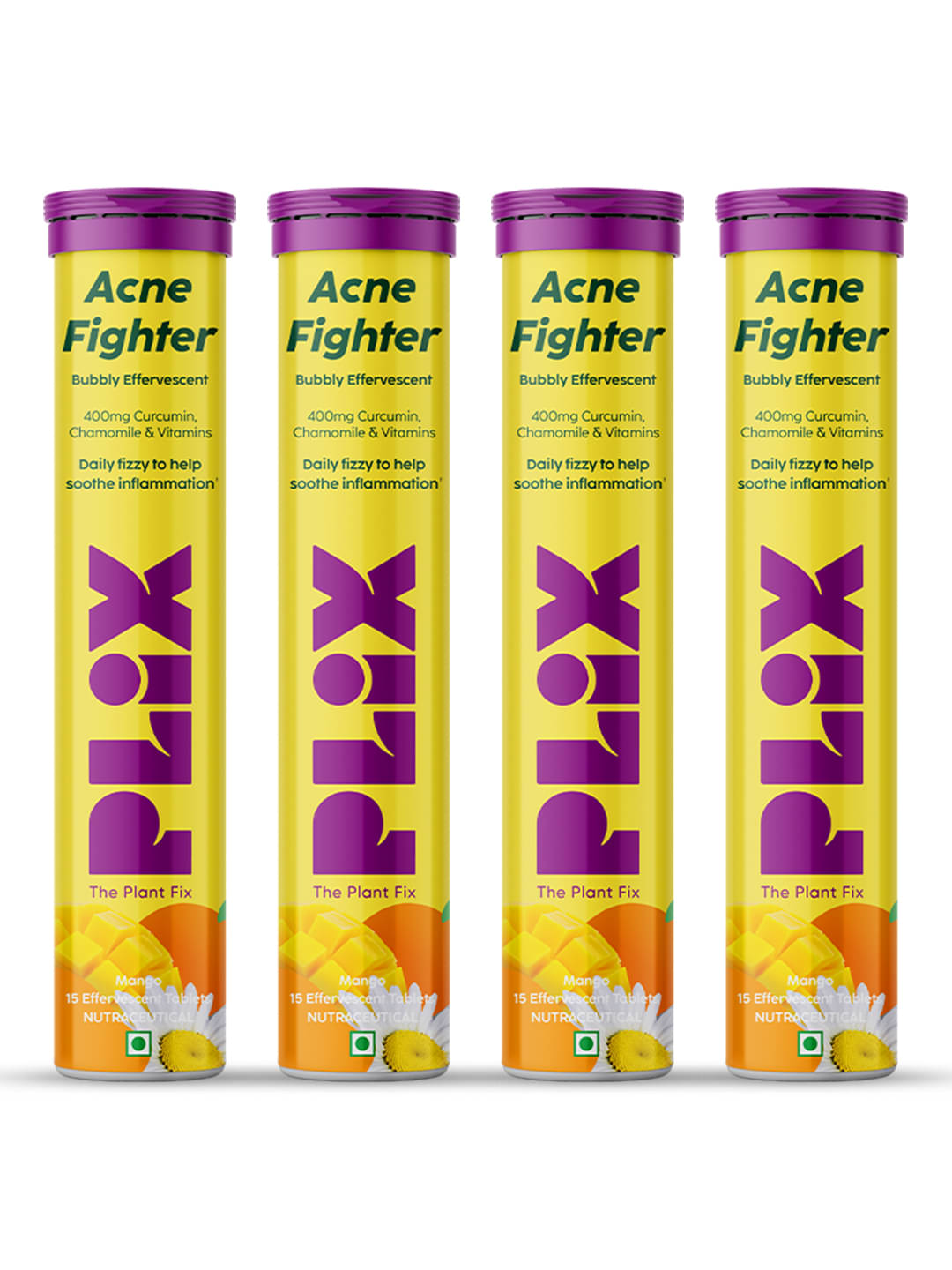     			Plix Acne Shield 15 Effervescent Tablets Mango Twist Flavour Goodness Of Curcumin & Aloe Pack of 4