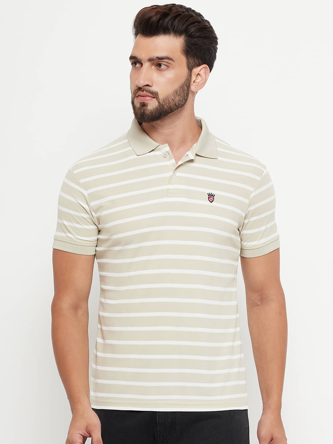 RELANE Pack of 1 Cotton Blend Regular Fit Striped Half Sleeves Men's Polo T Shirt ( Beige ) RELANE Pack of 1 Cotton Blend Regular Fit Striped Half Sleeves Men's Polo T Shirt ( Beige )
