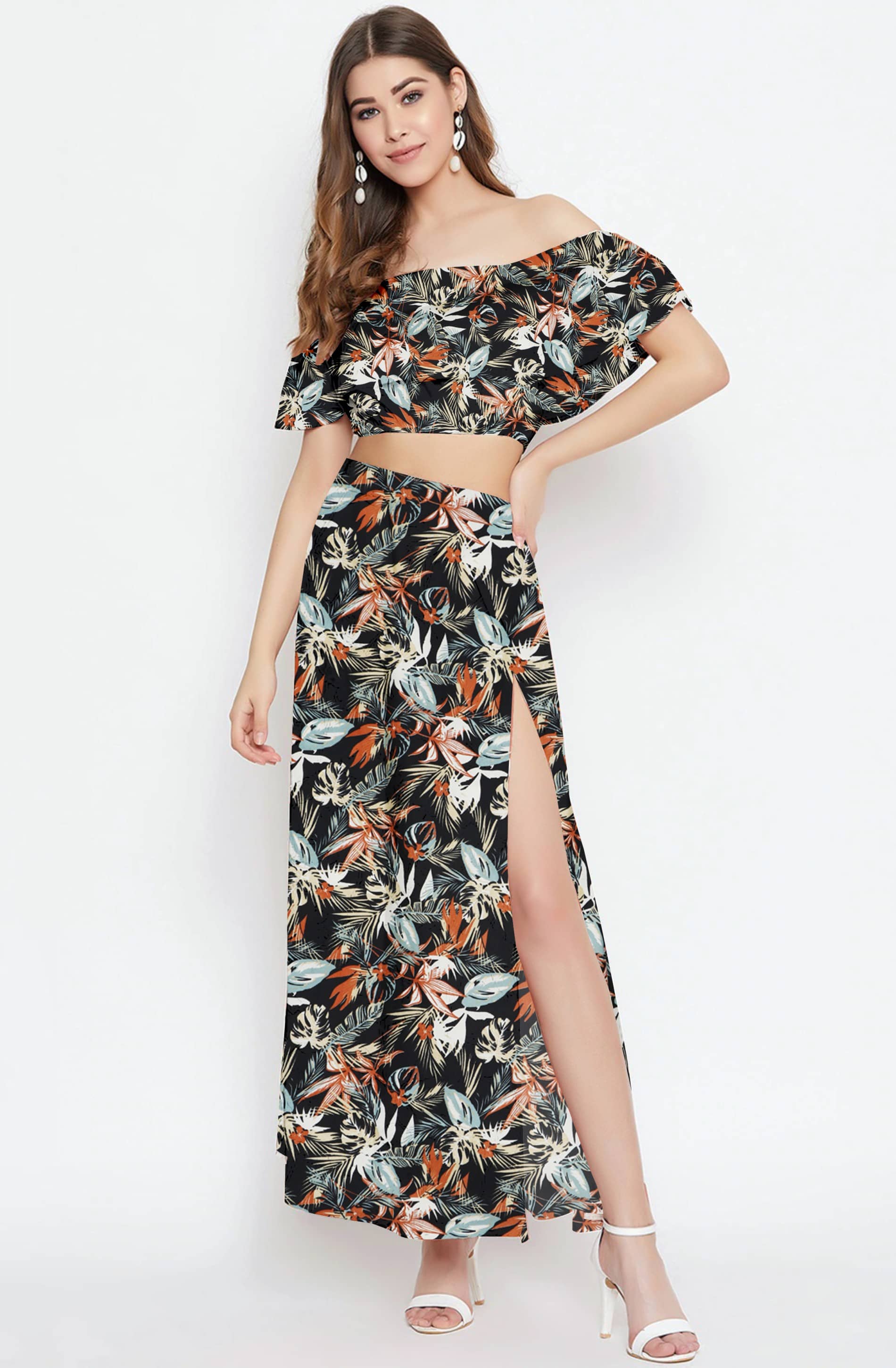 COOL AND CASUAL Women Printed Top With Skirt Co-Ord Set ( Multicolor )