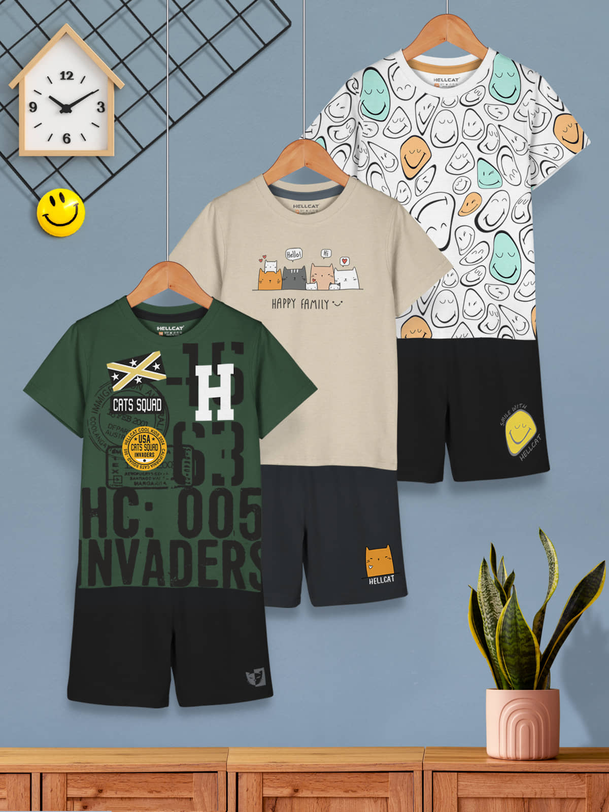 HELLCAT Olive Cotton Blend Baby Boy T-Shirt & Shorts ( Pack of 3 )