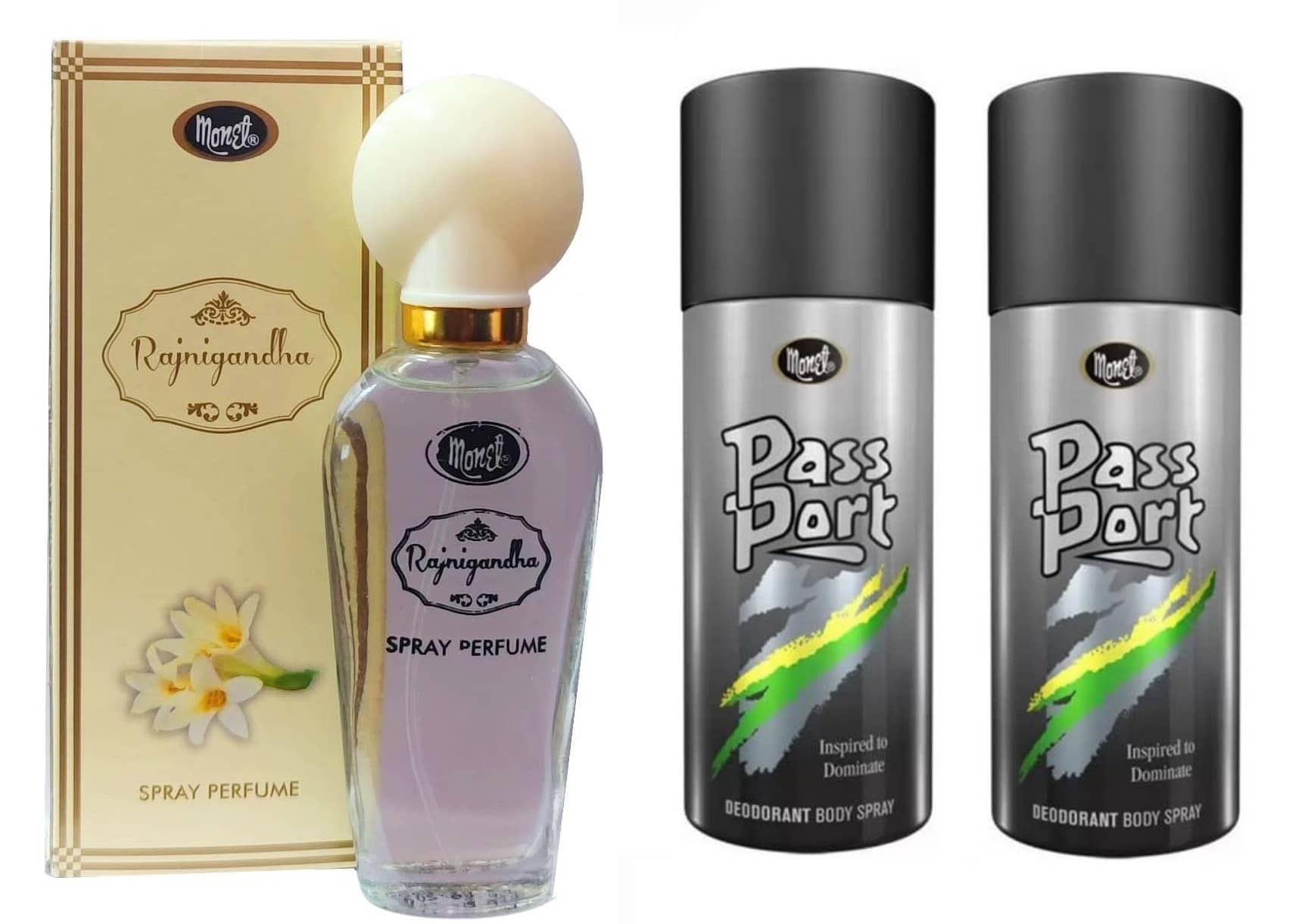 Monet RAJNIGANDHA  PERFUME, 2 PASSPORT DEO Deodorant Spray & Perfume for Men,Women 330 ml ( Pack of 3 )