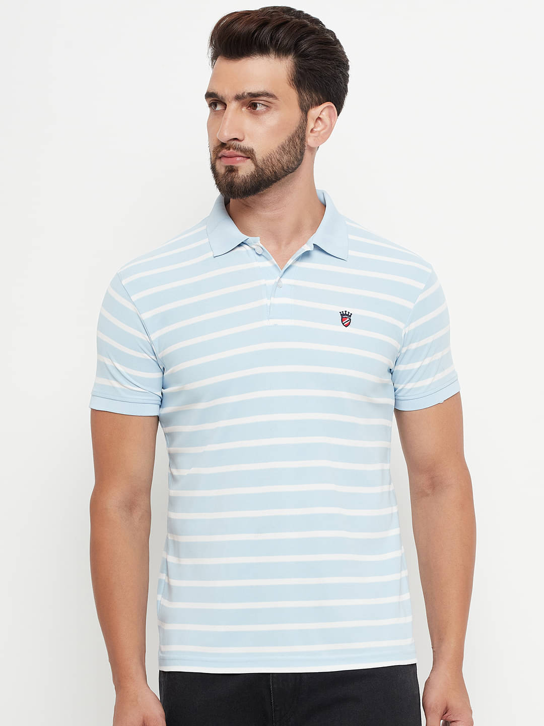RELANE Pack of 1 Cotton Blend Regular Fit Striped Half Sleeves Men's Polo T Shirt ( Sky Blue ) RELANE Pack of 1 Cotton Blend Regular Fit Striped Half Sleeves Men's Polo T Shirt ( Sky Blue )