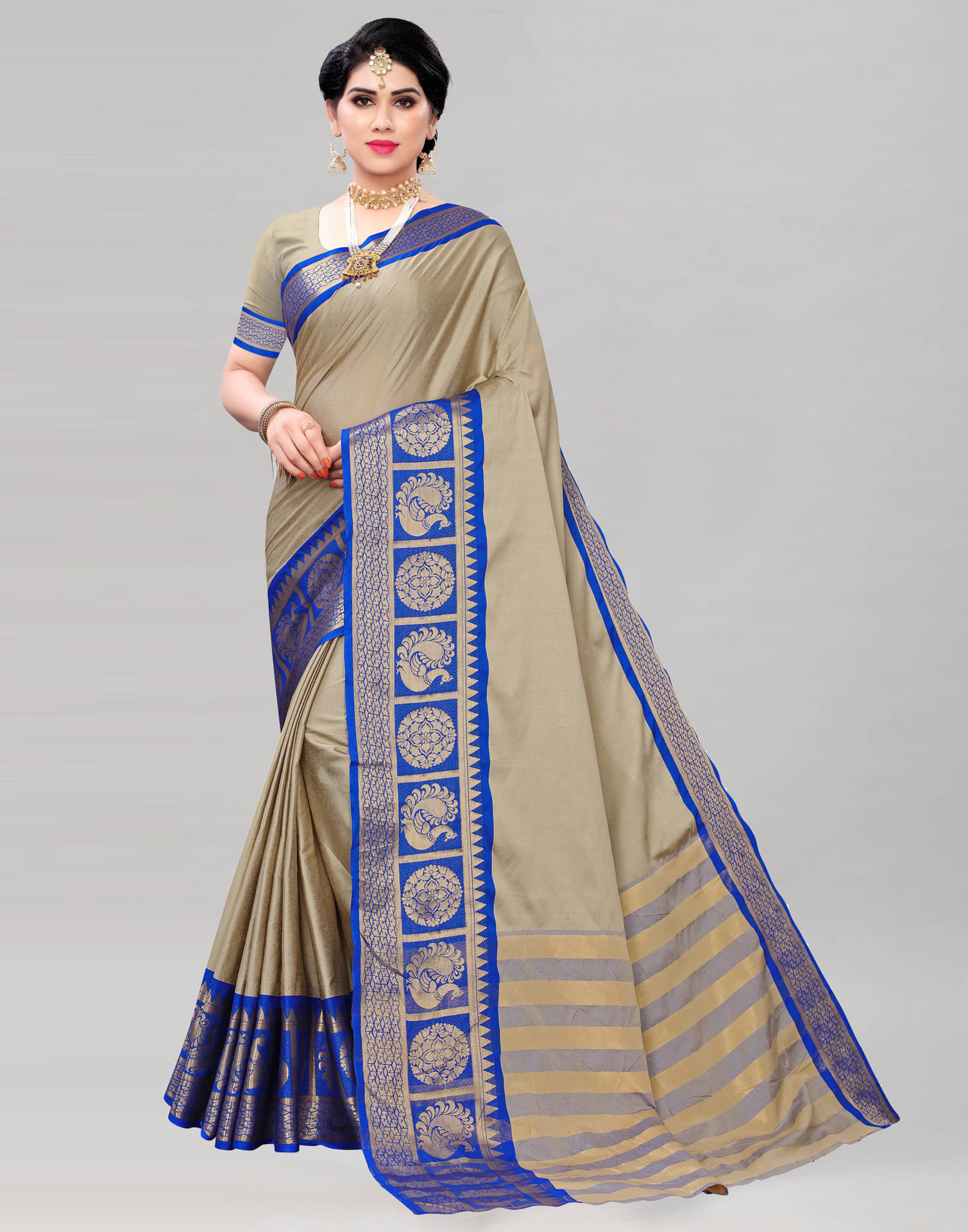 Satrani Silk Woven Saree With Unstitched Blouse Piece ( Beige ) Satrani Silk Woven Saree With Unstitched Blouse Piece ( Beige )