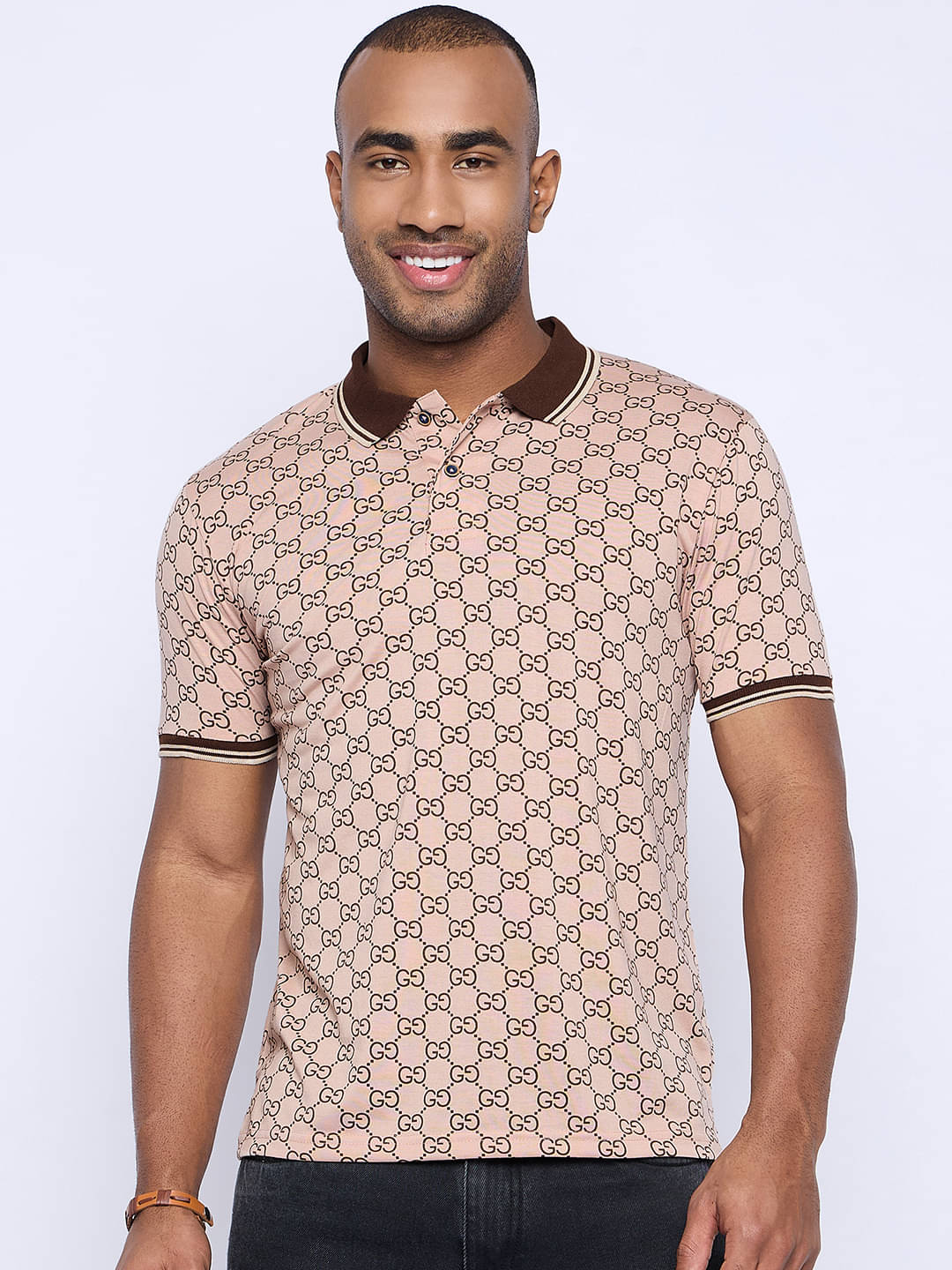 AUSTIN WOOD Pack of 1 Cotton Blend Regular Fit Printed Half Sleeves Men's Polo T Shirt ( Peach ) AUSTIN WOOD Pack of 1 Cotton Blend Regular Fit Printed Half Sleeves Men's Polo T Shirt ( Peach )