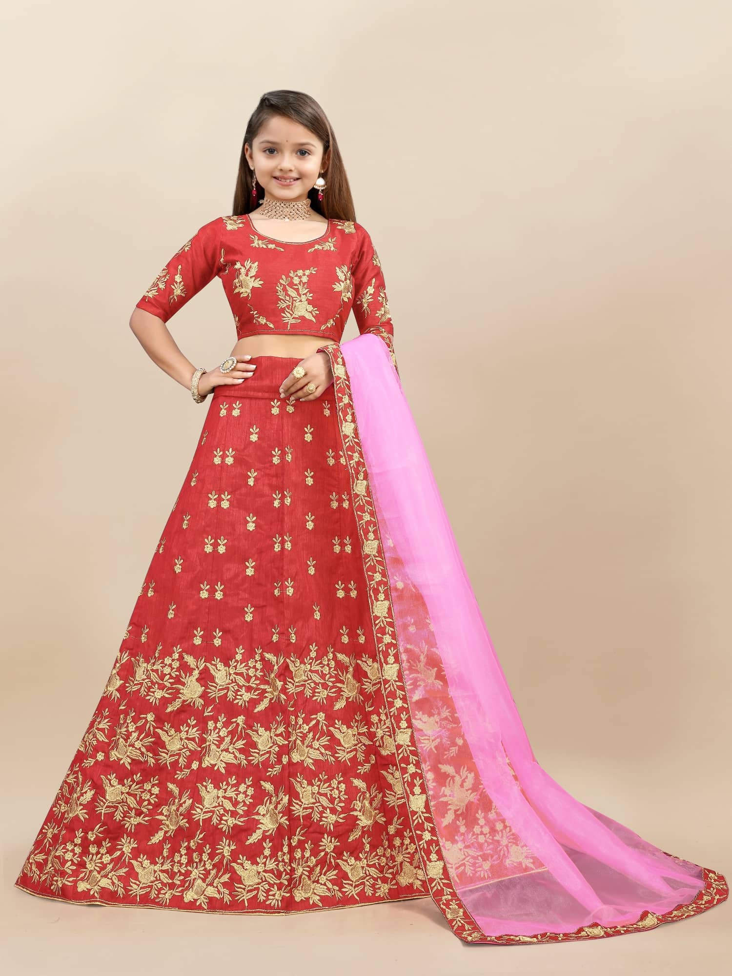 Aika Silk Lehenga Choli Set For Girls ( Pack of 1 , Red )