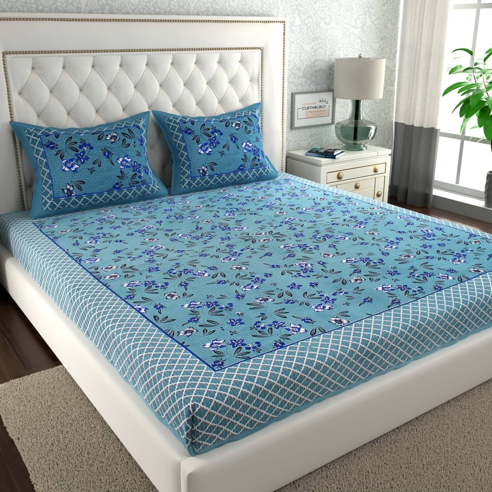     			CLOTHOLOGY Cotton 1 Double Bedsheet with 2 Pillow Covers ( Blue )