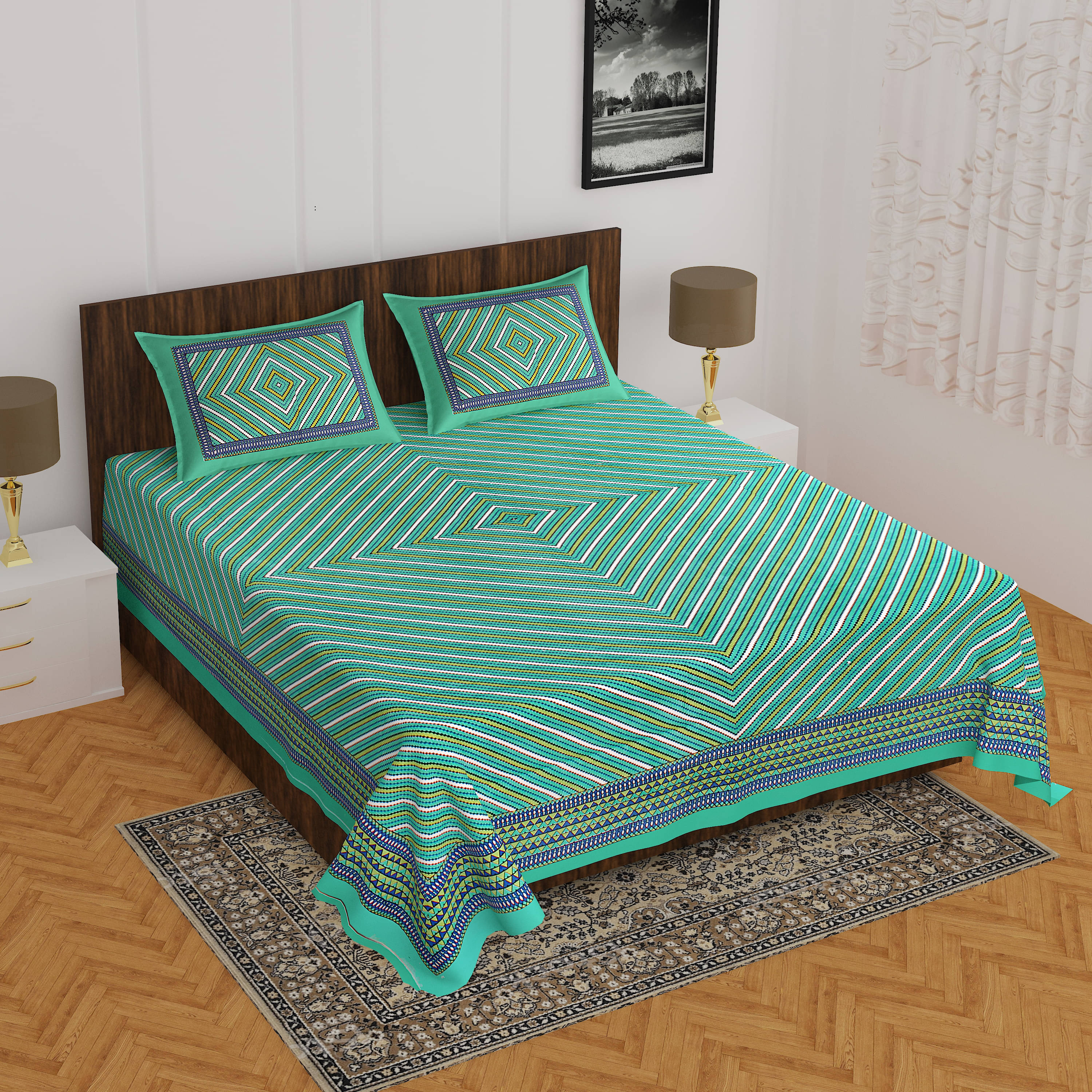    			CLOTHOLOGY Cotton 1 Double Bedsheet with 2 Pillow Covers ( Sea Green )