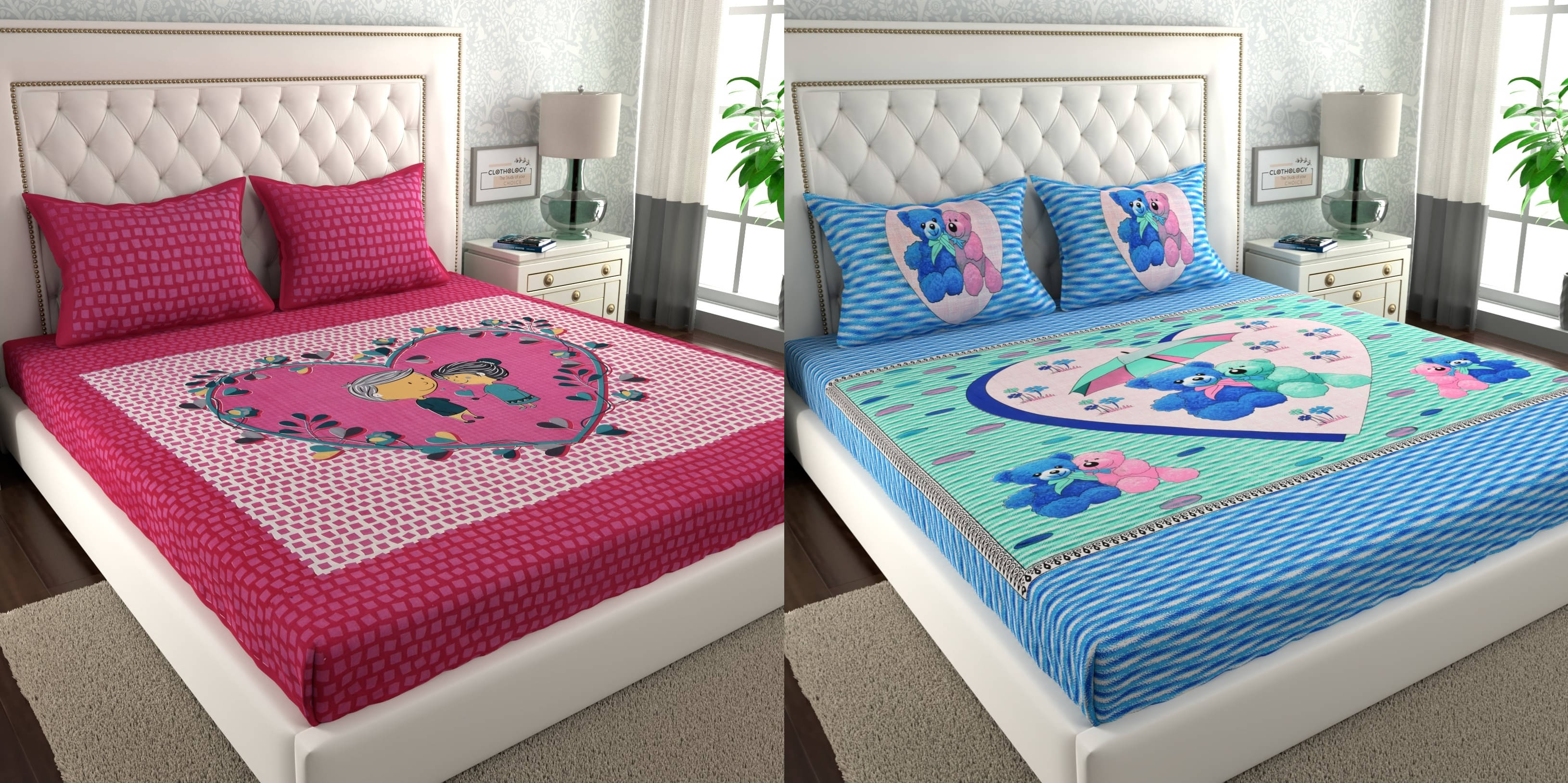     			CLOTHOLOGY Cotton 2 Double Bedsheet with 4 Pillow Covers ( Pink )