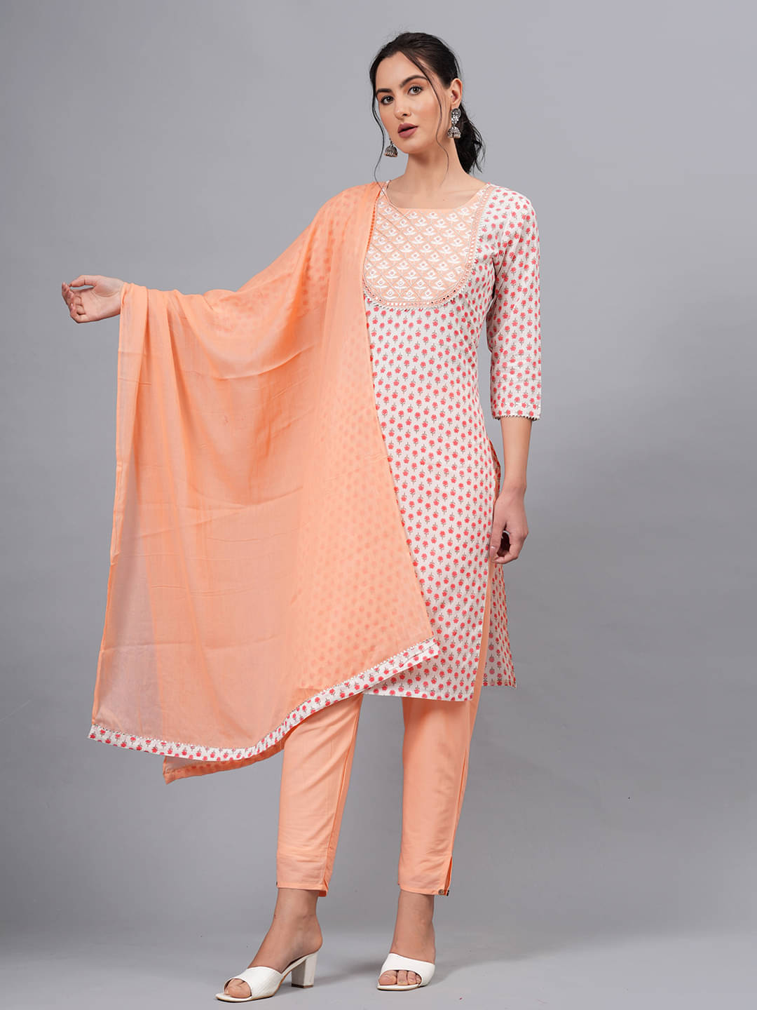 JC4U Cotton Self Design Kurti With Pants Women's Stitched Salwar Suit - Peach ( Pack of 1 ) JC4U Cotton Self Design Kurti With Pants Women's Stitched Salwar Suit - Peach ( Pack of 1 )