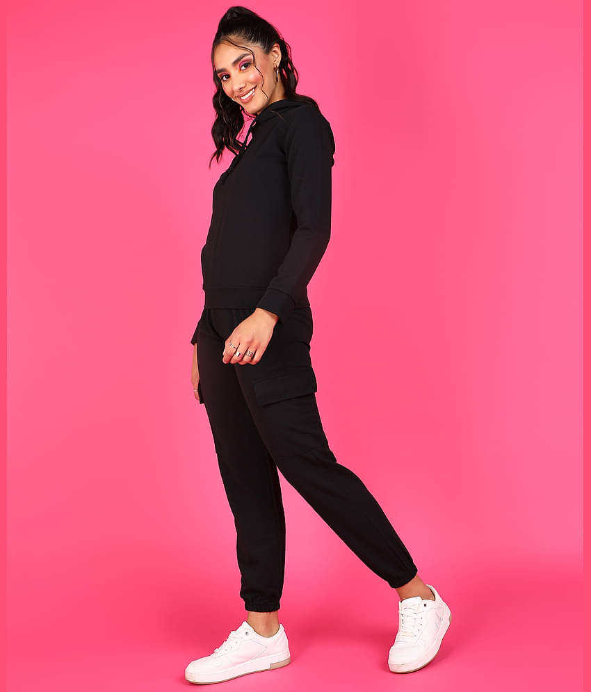 POPWINGS Women Self Design Sweatshirt With Joggers Co-Ord Set ( Black )