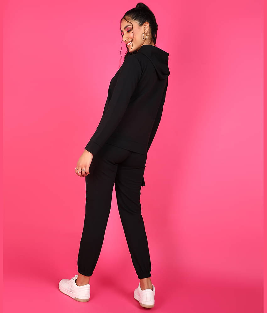 POPWINGS Women Self Design Sweatshirt With Joggers Co-Ord Set ( Black )