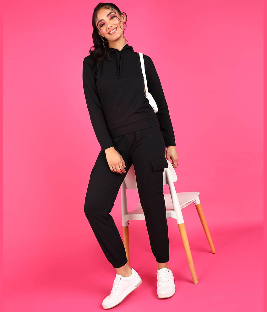 POPWINGS Women Self Design Sweatshirt With Joggers Co-Ord Set ( Black )