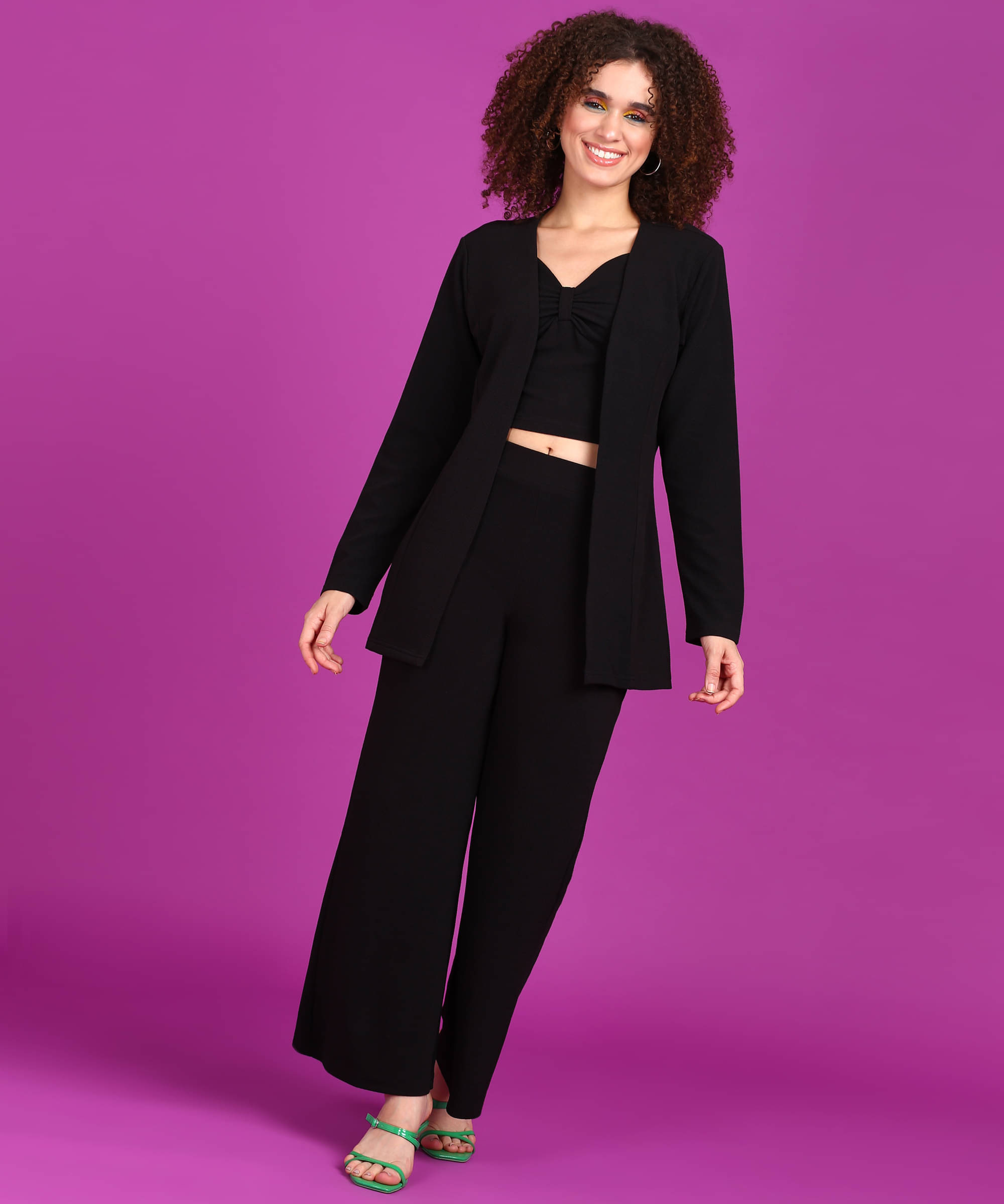     			POPWINGS Women Solid Coat With Trousers Co-Ord Set ( Black )