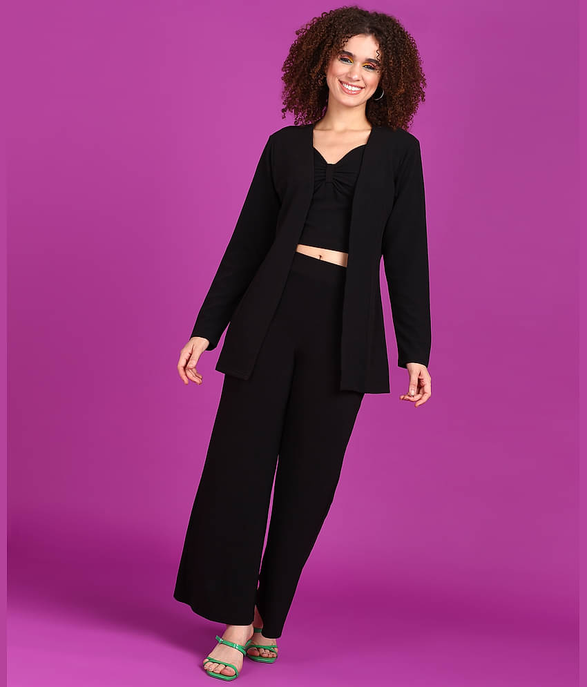 POPWINGS Women Solid Coat With Trousers Co-Ord Set ( Green )