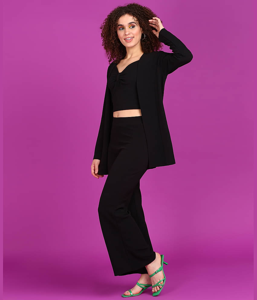 POPWINGS Women Solid Coat With Trousers Co-Ord Set ( Green )