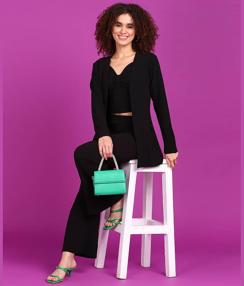 POPWINGS Women Solid Coat With Trousers Co-Ord Set ( Green )